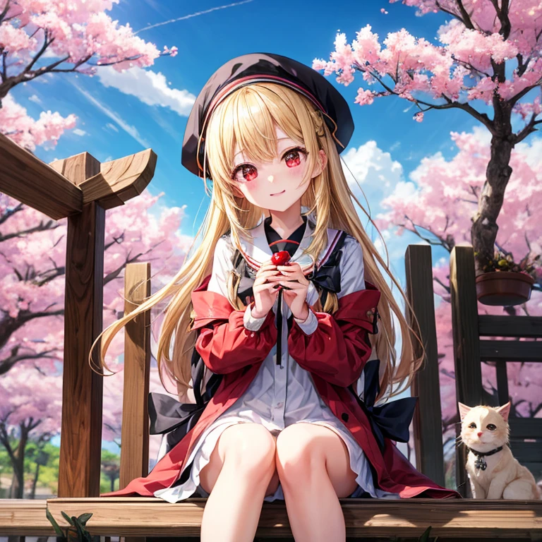 a blond、red eyes、One pretty girl、animesque、sitting on、cherry trees、sullenness