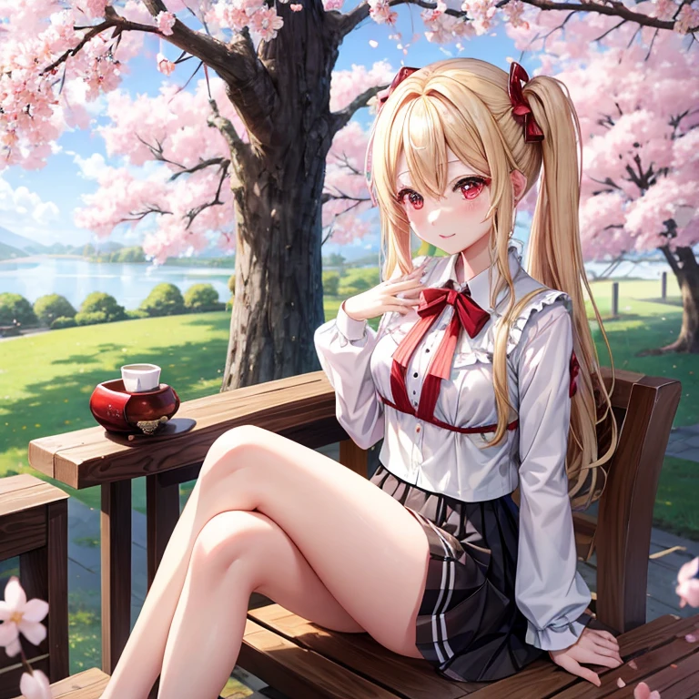 a blond、red eyes、One pretty girl、animesque、student clothes、a miniskirt、a park、sitting on、natta、cherry trees