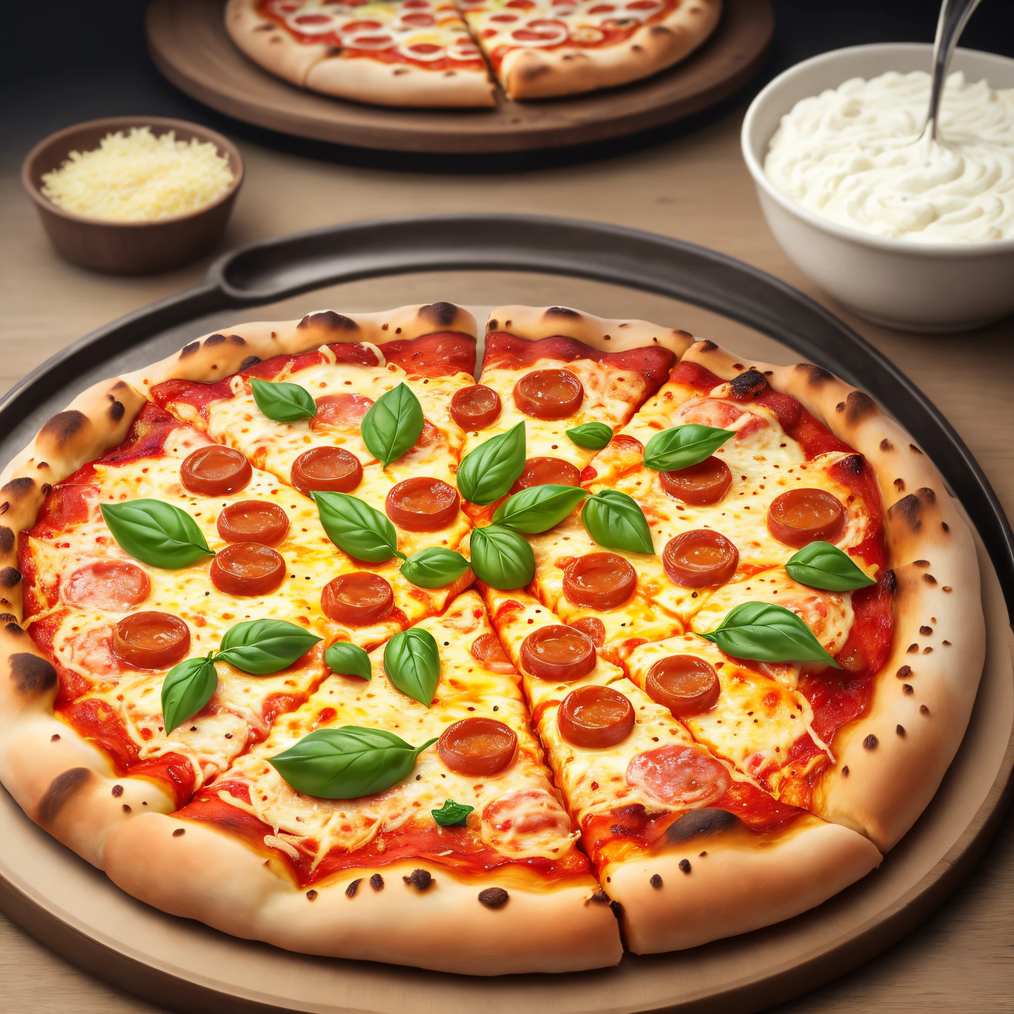 A closeup pizza with cheese falling on top