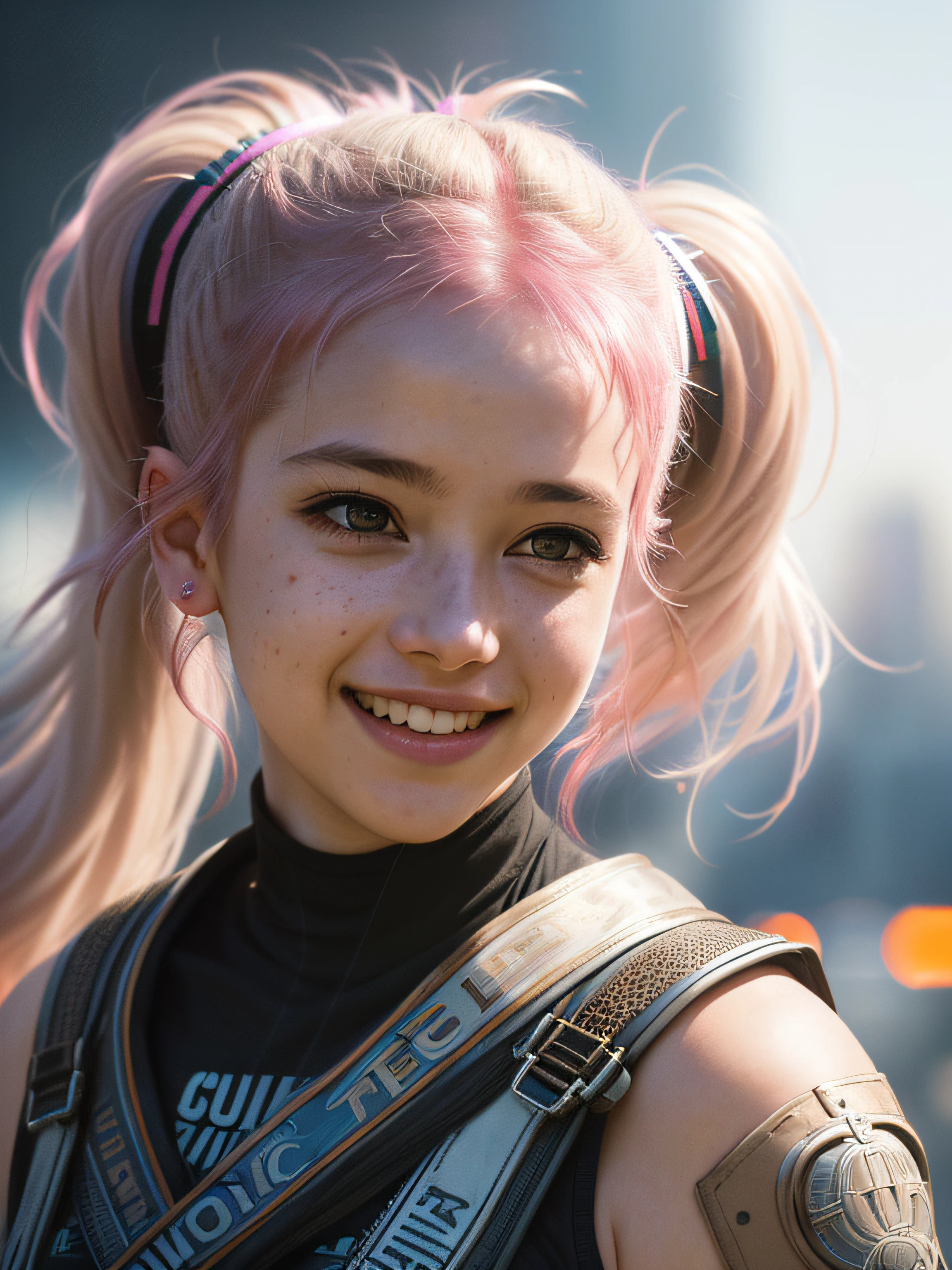 Portrait photo of a young girl, (laughing:0.7), pink ponytails hair, complex city background, backlit, (cinematic:1.5), epic realistic, hyperdetailed, insane details, intricate details, accent lighting, soft volumetric light, bokeh, (dramatic light:1.2), (neutral colors:1.3), cross process