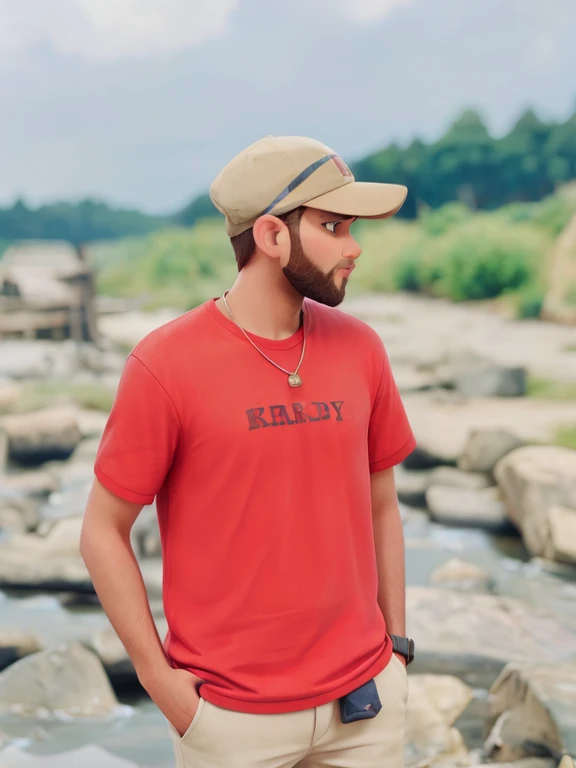 realistic high quality background . Cute boy,handsome boy,4k quality image,Common bark boy.beard.he put a cap.