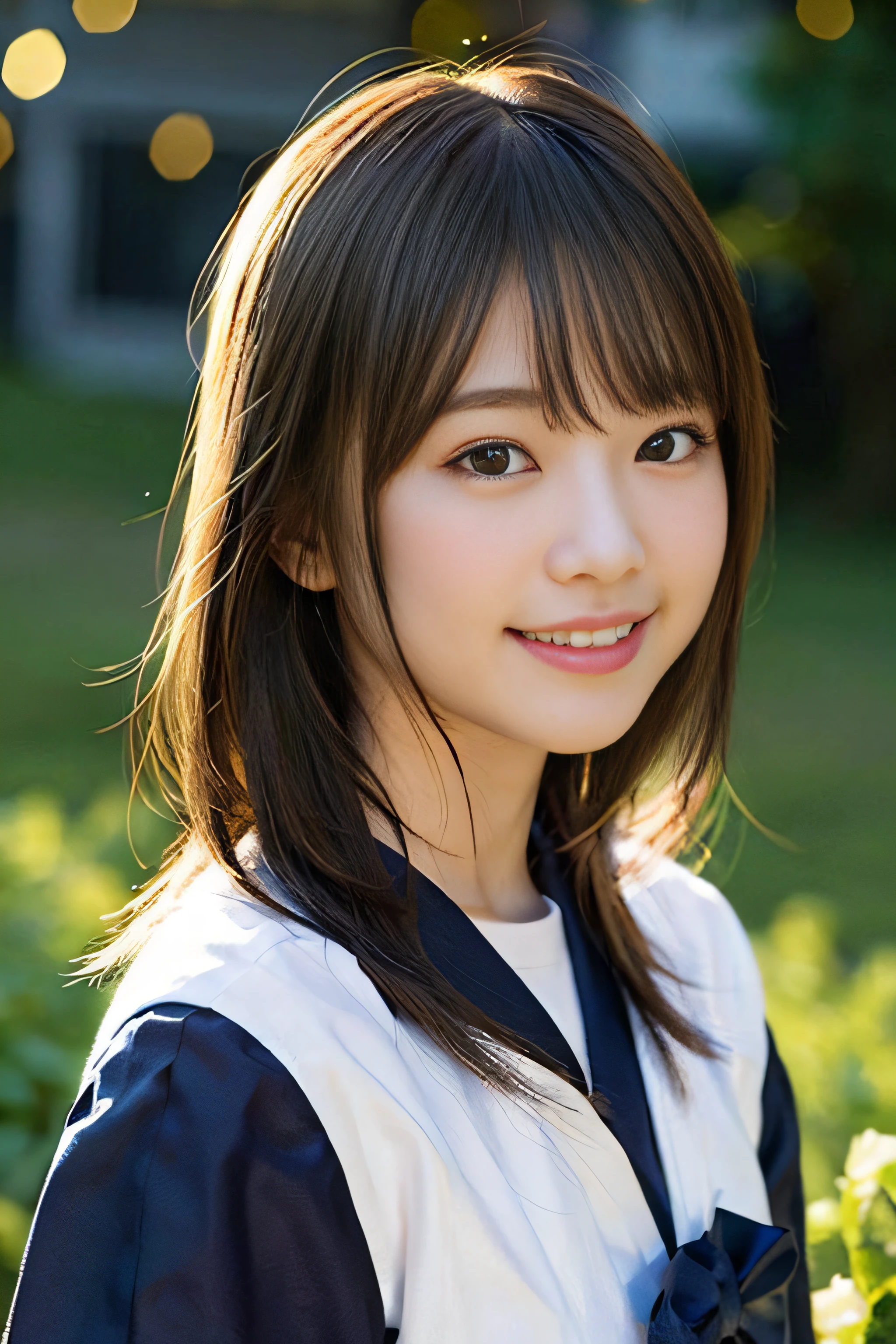 (8K、Raw photography、top-quality、masterpiece:1.2)、(realisitic、Photorealsitic:1.37)、ultra-detailliert、超A high resolution、女の子1人、see the beholder、beautifull detailed face、A smile、Constriction、(Slim waist) :1.3)、Beautiful detailed skin、Skin Texture、Floating hair、Professional Lighting、Whole human body、Longhaire、a blond、japanese hight school uniform、a sailor suit、matriculation、、Bob Hair、E-cup、Happy smile、sixteen years old、Red ribbons、a baby face、Childish smile、Suppin、Moisturizing lips、Thin pink lips、flower field