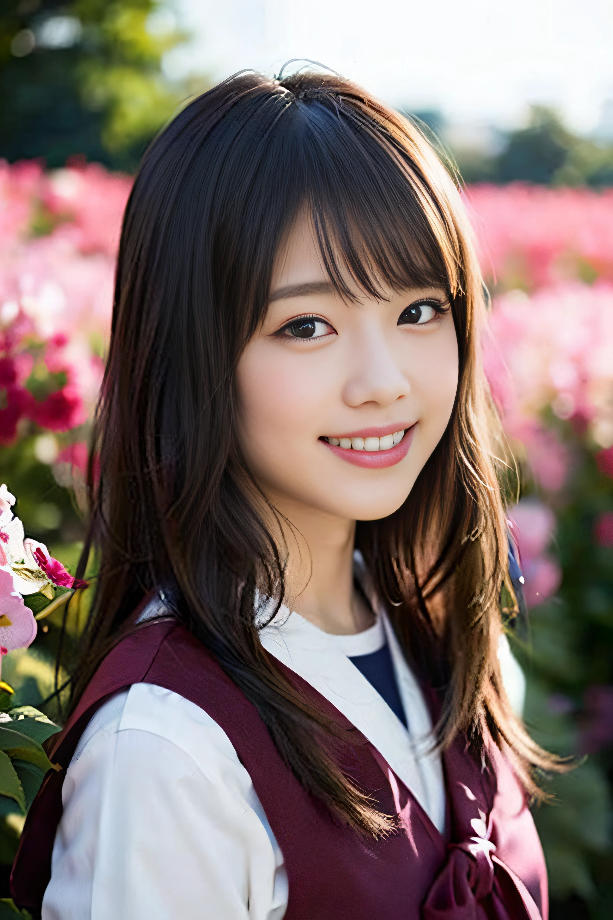 (8K、Raw photography、top-quality、masterpiece:1.2)、(realisitic、Photorealsitic:1.37)、ultra-detailliert、超A high resolution、女の子1人、see the beholder、beautifull detailed face、A smile、Constriction、(Slim waist) :1.3)、Beautiful detailed skin、Skin Texture、Floating hair、Professional Lighting、Whole human body、Longhaire、a blond、japanese hight school uniform、a sailor suit、matriculation、、Bob Hair、E-cup、Happy smile、sixteen years old、Red ribbons、a baby face、Childish smile、Suppin、Moisturizing lips、Thin pink lips、flower field
