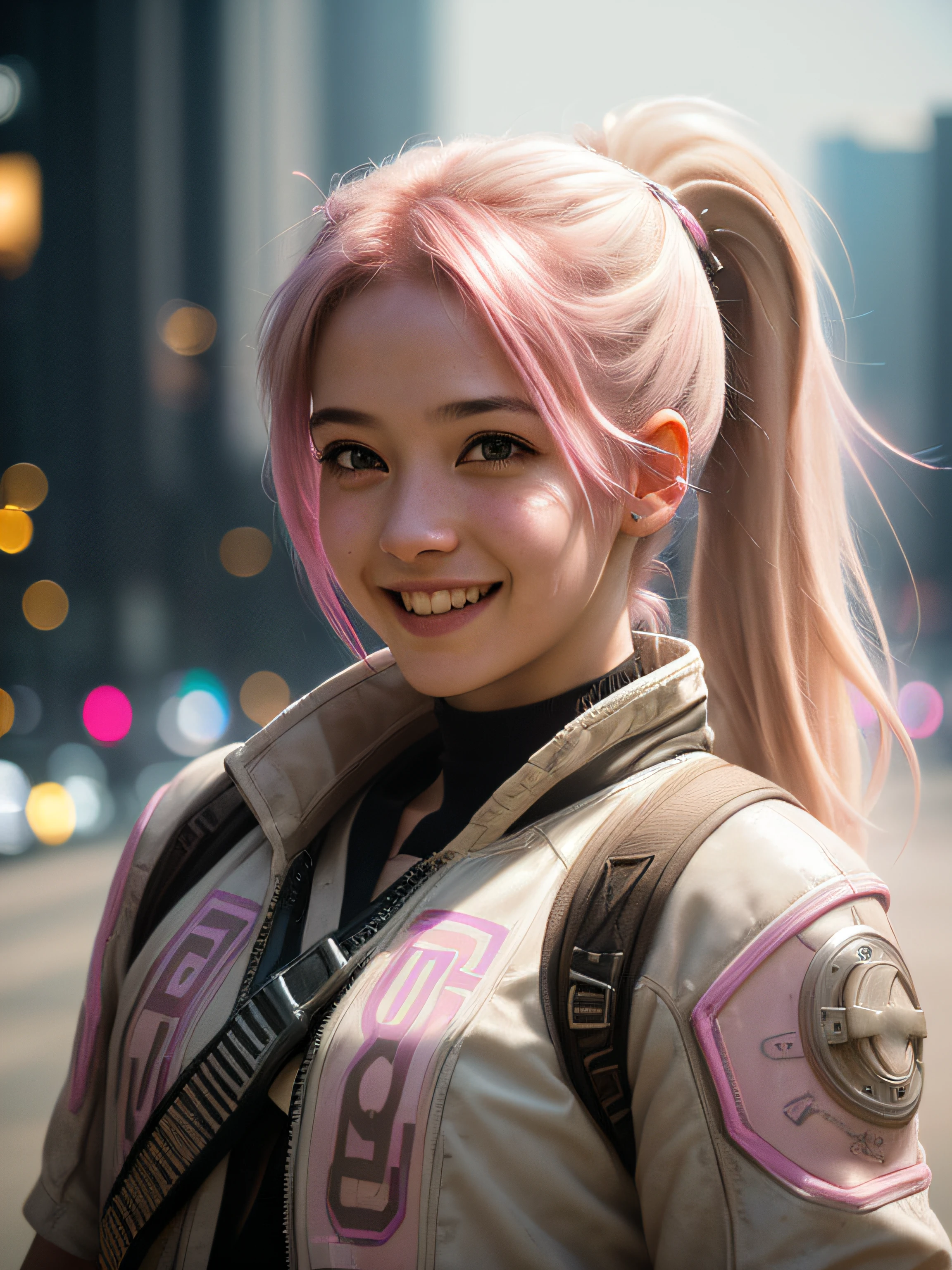 Portrait photo of a young girl, (laughing:0.7), pink ponytails hair, complex city background, backlit, (cinematic:1.5), epic realistic, hyperdetailed, insane details, intricate details, accent lighting, soft volumetric light, bokeh, (dramatic light:1.2), (neutral colors:1.3), cross process