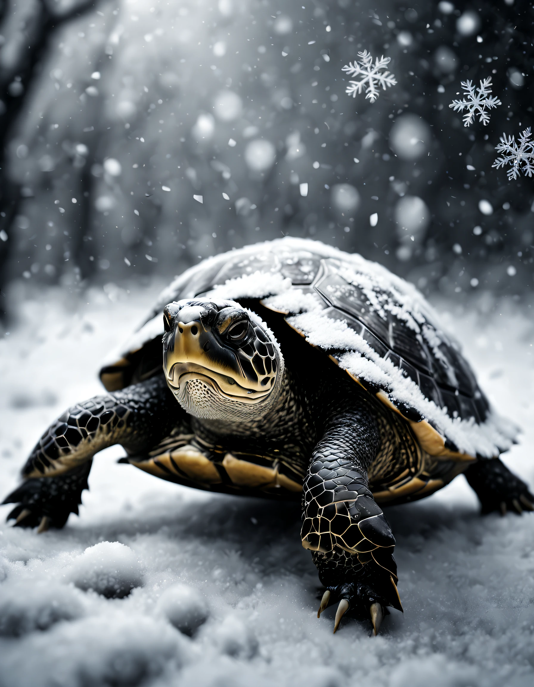 (Black and White Ultra HD Photography,)Turtle,in snowfall,Snowflakes on the fur, Focus sharp, iintricate, ZBrush, hight contrast, high dynamic light, The is very detailed, 3D, Ray traching, unreal-engine, octane render--ar 2:3 --s 1000 --v 5 --q 5