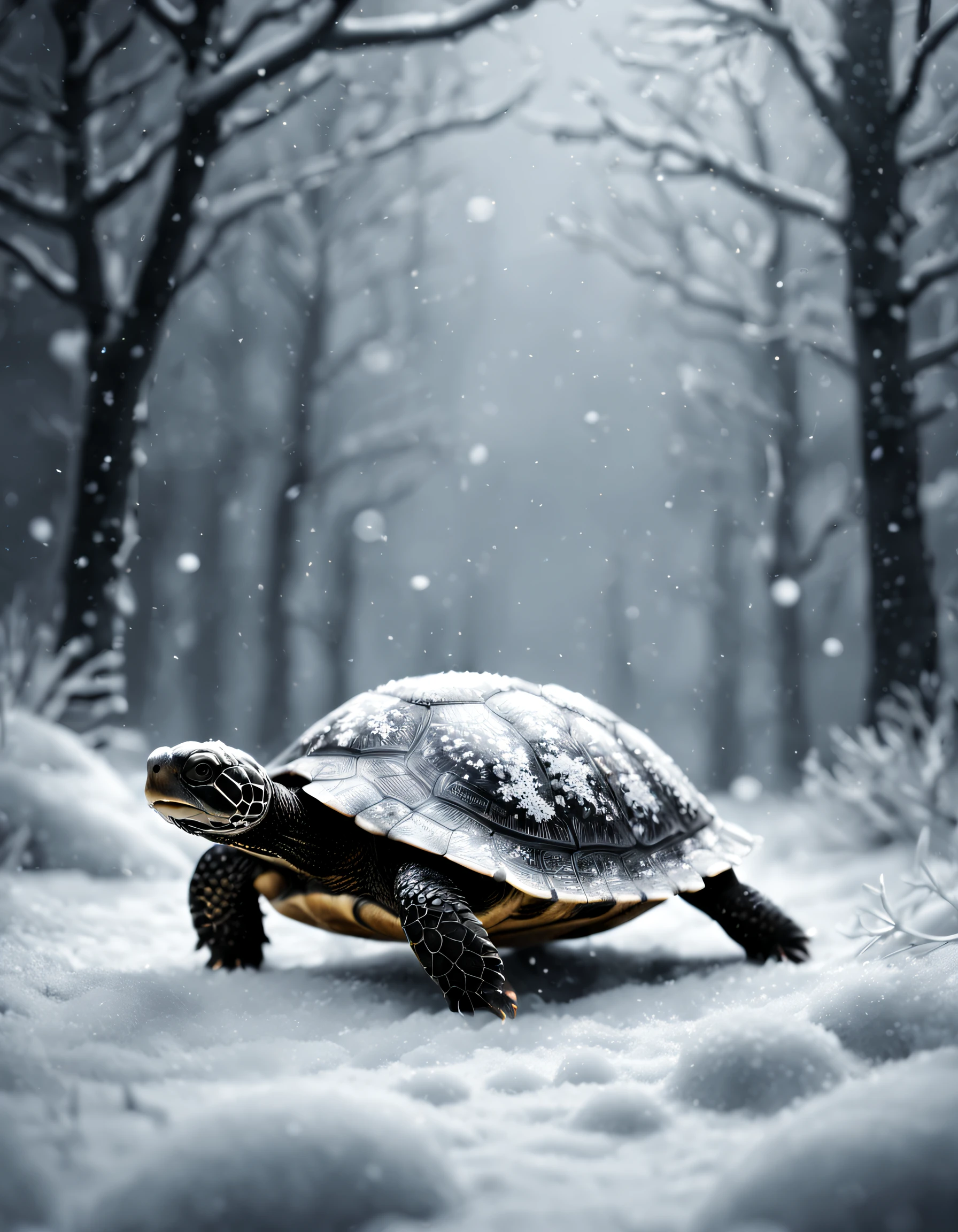 (Black and White Ultra HD Photography,)Turtle,in snowfall,Snowflakes on the fur, Focus sharp, iintricate, ZBrush, hight contrast, high dynamic light, The is very detailed, 3D, Ray traching, unreal-engine, octane render--ar 2:3 --s 1000 --v 5 --q 5