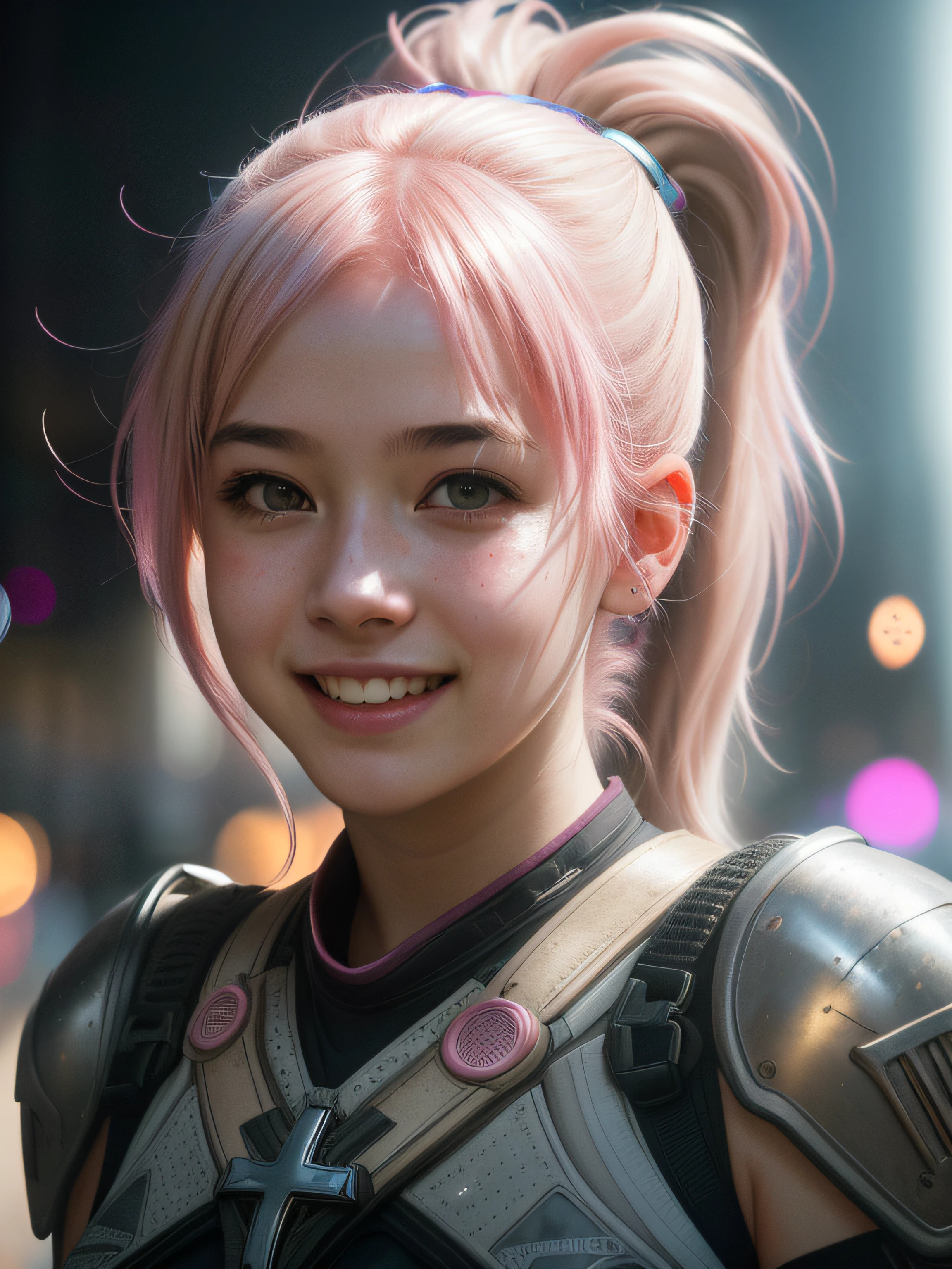Portrait photo of a young girl, (laughing:0.7), pink ponytails hair, complex city background, backlit, (cinematic:1.5), epic realistic, hyperdetailed, insane details, intricate details, accent lighting, soft volumetric light, bokeh, (dramatic light:1.2), (neutral colors:1.3), cross process