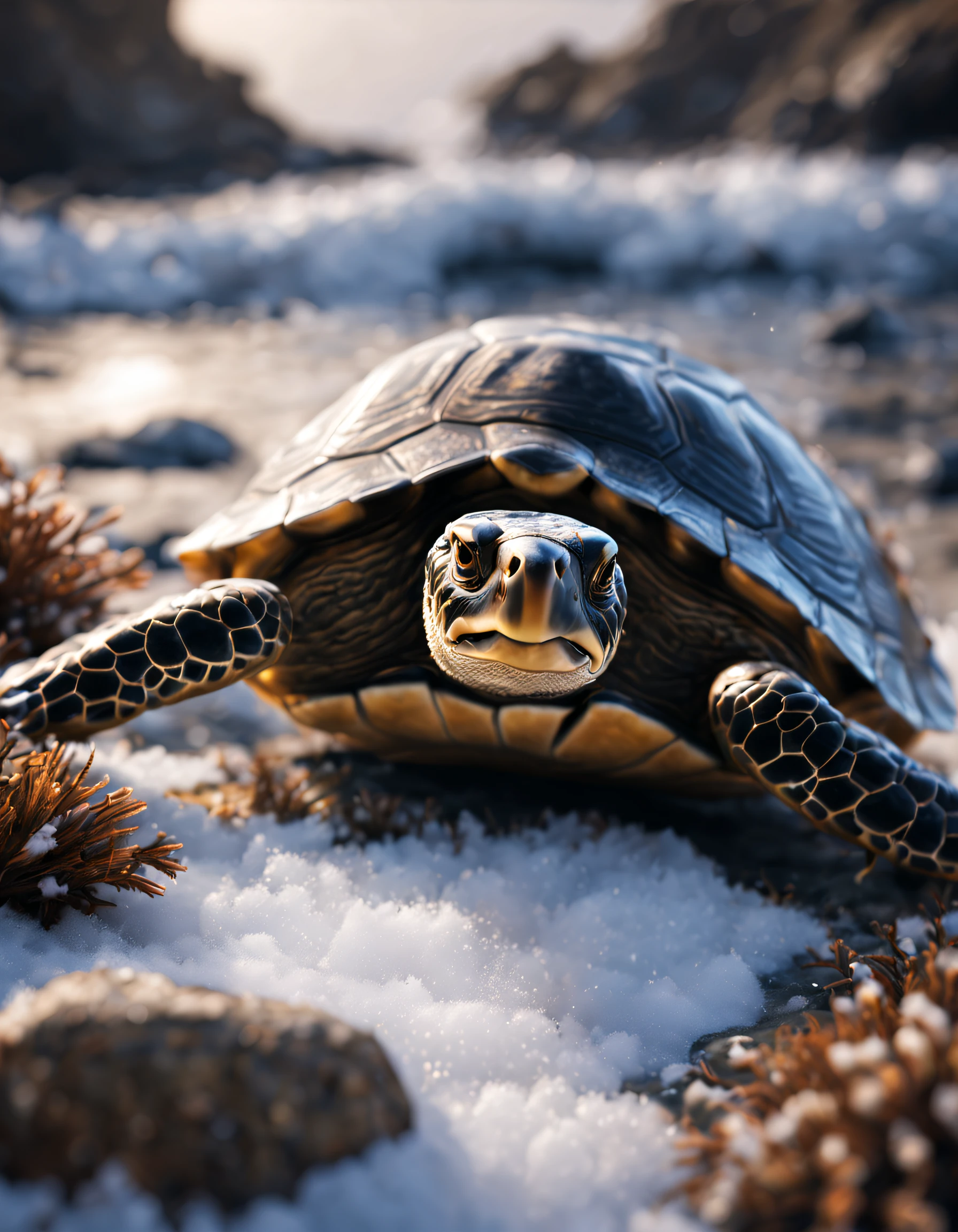 Turtle，sea rocks，in snowfall，Snowflakes on the fur, Focus sharp, iintricate, ZBrush, hight contrast, high dynamic light, The is very detailed, 3D, Ray traching, unreal-engine, octaneratingrendering
