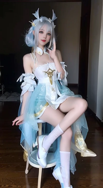 a beautiful woman,messy hair,age girl,in a panoramic view, Full body lesbian, Best quality, tmasterpiece, 超高分辨率, (真实感:1.4), hoang lap, Cinema lights,(Anatomical correct),((Rabbit ear headdress)),((Glowing light)), Short powder blue hair,Powder blue eyes, ssmile,Delicate tiara,Cherry small mouth、Side、(Rabbit pattern clothing decoration),((White shoes))extremelydetailedface,ultra-realistic realism,steampunc,Complex design,The is very detailed,exquisite detailing, HighDynamicRange(HighDynamicRange), ray traycing,proporções perfeitas、Correct hand drawing,Anatomical correct,Acura,natta,the night,lamplight,dingdall effect,ray traycing,Head-up display,