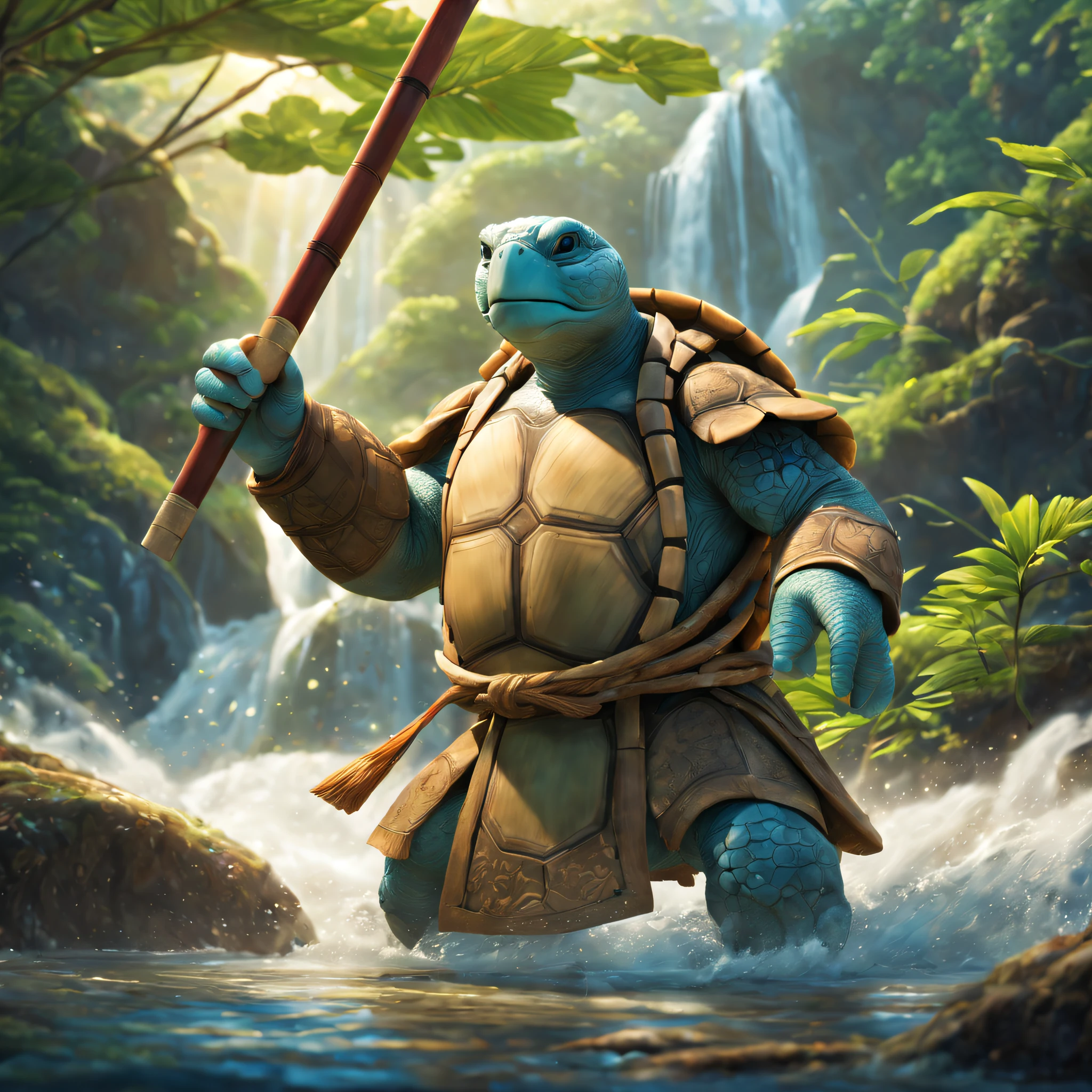 Anthropomorphism of the turtle，Long white beard，Wrinkled face，with a calm expression，Under the waterfall，In the moonlight，Ancient temple，Bonsai tree，bamboo forrest，Flowing rivers，(traditional martial arts uniform)，(Wooden staff)，surrounded by nature，harmonious balance，peacefulatmosphere，Wise eyes、weathered hands、a serene smile、Powerful energy、hidden strength、Fabulous creatures、(iconic turtle shell)、Mysterious knowledge、Ancient wisdom、beyond the reach of time and space、Ethereal light、master of nature、Keeper of secrets、Eternal existence、immortal protector、eternal life。(best quality,4k,8k,highres,masterpiece:1.2),ultra-detailed,(realistic,photorealistic,photo-realistic:1.37), HDR, UHD, studio lighting, ultra-fine painting, sharp focus, physically-based rendering, extreme detail description, professional, vivid colors, bokeh artistic style: concept artists, traditional painting, fantasy artwork color palette: earth tones, vibrant greens, serene blues, warm browns, golden accents lighting: soft natural light, gentle shadows, warm golden hour glow
