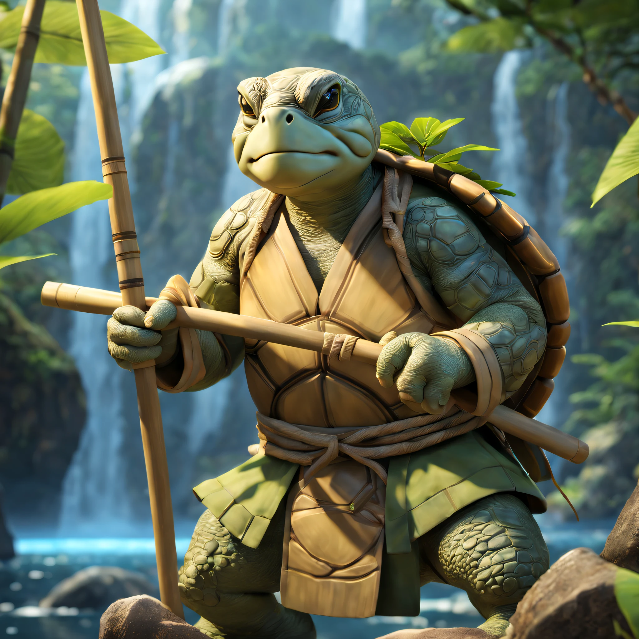 Anthropomorphism of the turtle，Long white beard，Wrinkled face，with a calm expression，Under the waterfall，In the moonlight，Ancient temple，Bonsai tree，bamboo forrest，Flowing rivers，(traditional martial arts uniform)，(Wooden staff)，surrounded by nature，harmonious balance，peacefulatmosphere，Wise eyes、weathered hands、a serene smile、Powerful energy、hidden strength、Fabulous creatures、(iconic turtle shell)、Mysterious knowledge、Ancient wisdom、beyond the reach of time and space、Ethereal light、master of nature、Keeper of secrets、Eternal existence、immortal protector、eternal life。(best quality,4k,8k,highres,masterpiece:1.2),ultra-detailed,(realistic,photorealistic,photo-realistic:1.37), HDR, UHD, studio lighting, ultra-fine painting, sharp focus, physically-based rendering, extreme detail description, professional, vivid colors, bokeh artistic style: concept artists, traditional painting, fantasy artwork color palette: earth tones, vibrant greens, serene blues, warm browns, golden accents lighting: soft natural light, gentle shadows, warm golden hour glow