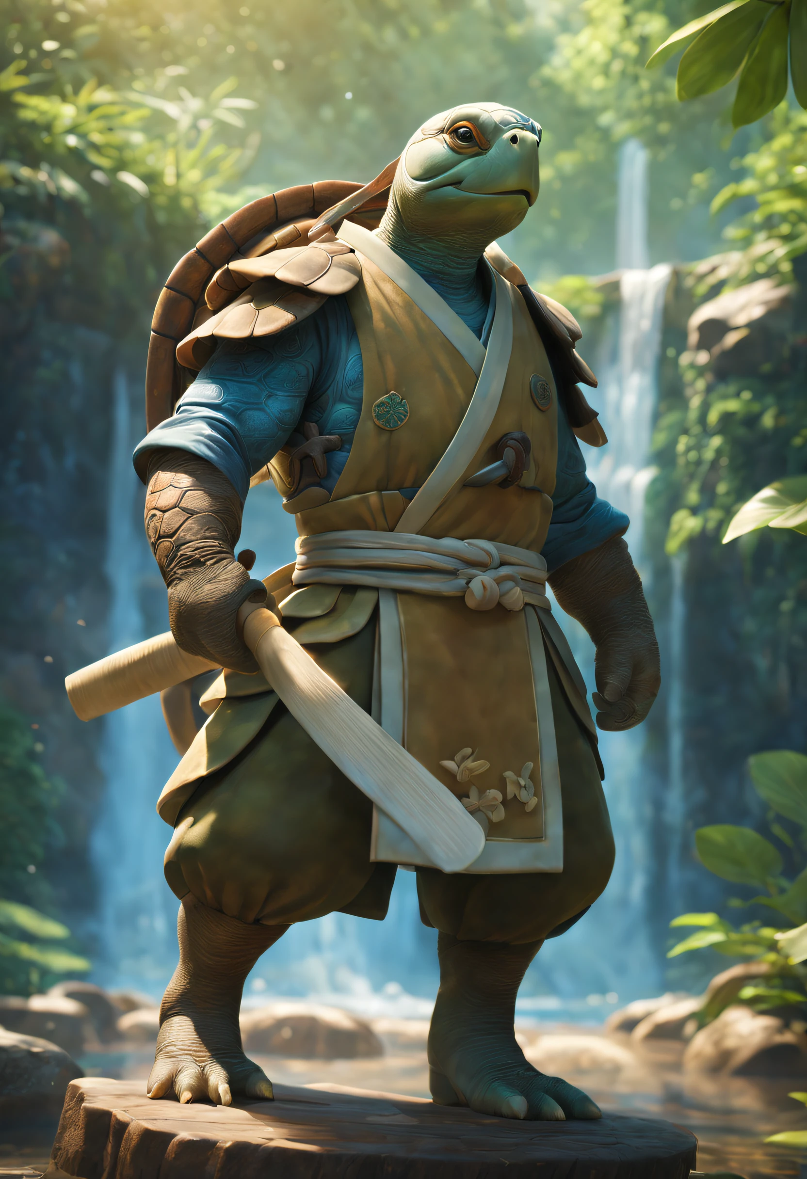 Anthropomorphism of the turtle,white mustache,with a calm expression,Under the waterfall,In the moonlight,scenery tree,bamboo forrest,Flowing rivers,(traditional martial arts uniform),(Wooden staff),surrounded by nature,harmonious balance,peacefulatmosphere,Wise eyes、weathered hands、a serene smile、Powerful energy、hidden strength、Fabulous creatures、(iconic turtle shell)、Mysterious knowledge、Ancient wisdom、beyond the reach of time and space、Ethereal light、master of nature、Keeper of secrets、Eternal existence、immortal protector、eternal life。(best quality,4k,8k,highres,masterpiece:1.2),ultra-detailed,(realistic,photorealistic,photo-realistic:1.37), HDR, UHD, studio lighting, ultra-fine painting, sharp focus, physically-based rendering, extreme detail description, professional, vivid colors, bokeh artistic style: concept artists, traditional painting, fantasy artwork color palette: earth tones, vibrant greens, serene blues, warm browns, golden accents lighting: soft natural light, gentle shadows, warm golden hour glow