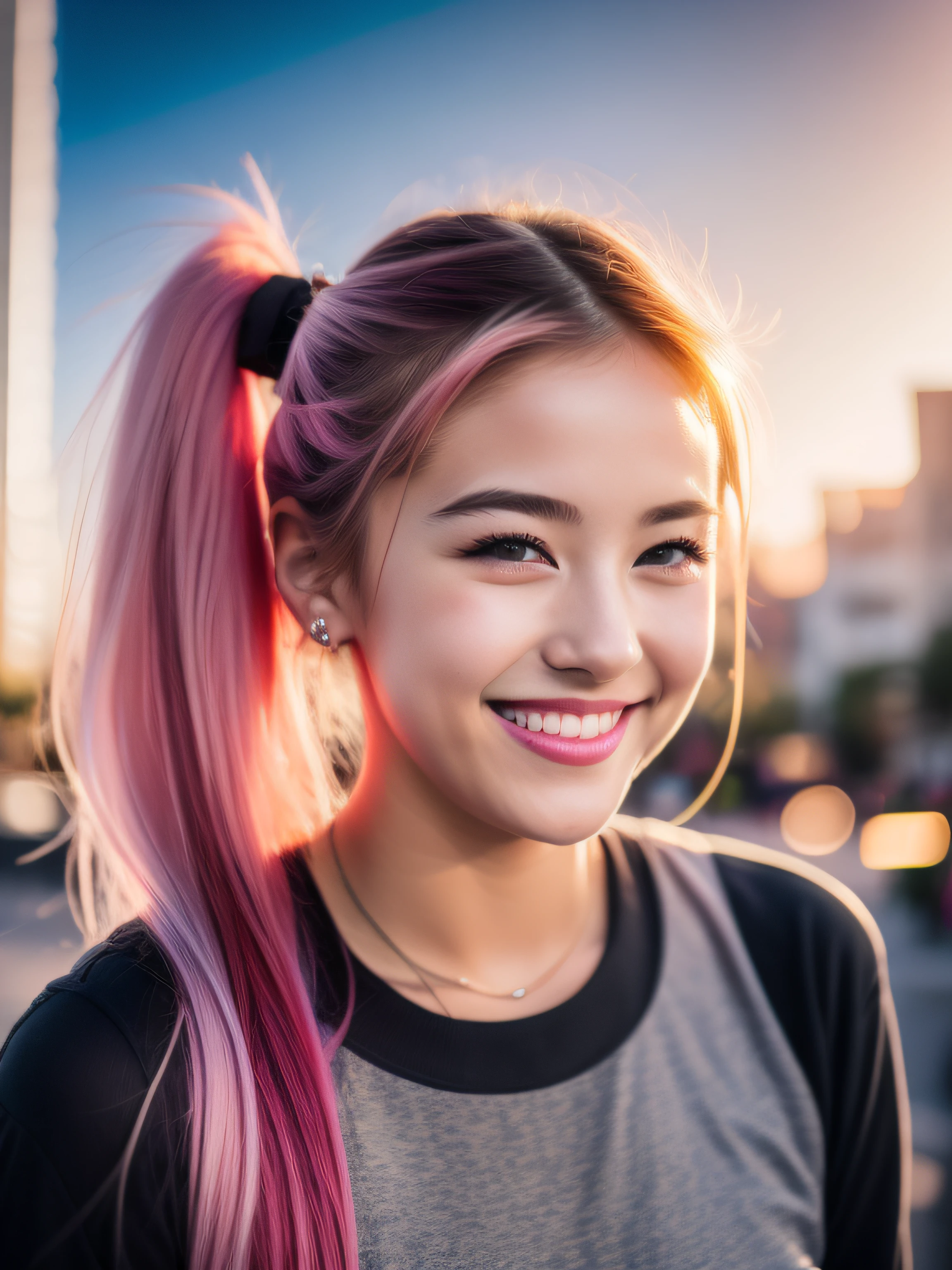 Portrait photo of a young girl, (laughing:0.7), pink ponytails hair, complex city background, backlit, (cinematic:1.5), epic realistic, hyperdetailed, insane details, intricate details, accent lighting, soft volumetric light, bokeh, (dramatic light:1.2), (neutral colors:1.3), cross process