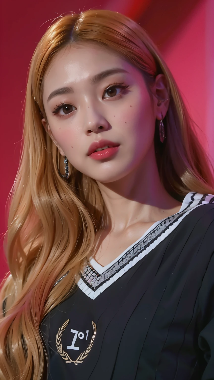 un primer plano de una mujer con el pelo largo y rojo que llevaba una camisa negra, Retrato de Jossi de Blackpink, inspirado por Yanjun Cheng, inspirado por Russell Dongjun Lu, Parque Roseanne de Blackpink, Jossi de Blackpink, Jaeyeon Nam, in the art style of bowater, Retrato de Kpop Idol, Sun Yunjoo, portrait of female Korean idol, Artista coreano