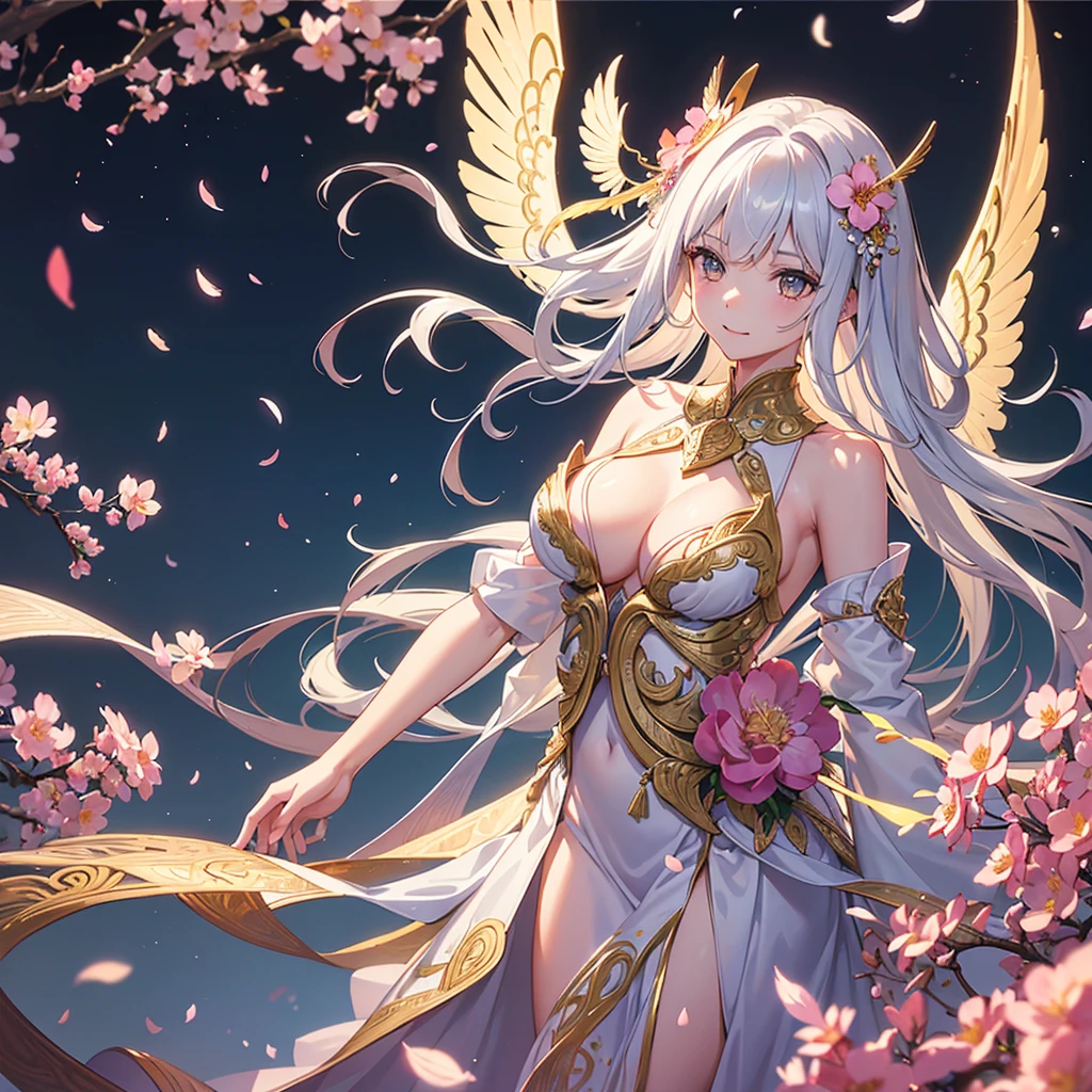 1girl in, masutepiece, Best Quality, Photorealistic, (angelicales), (Transparent golden wings spread across your back), Academic Gowns, Academic Lobe, cherryblossom, Smiling, Detailed uniforms, look at viewr, (Sigma 85mm f1.4), depth of fields, Bokeh, Detailed photorealistic backgrounds, diffused natural sunlight, diffused natural skin glow, Face Focus, Extremely detailed, (Abstract background, Zentangle, Fractal Art:1.3), (Many colors, Colorful:1.1), (Feathers, flower petals, Flowers:1.3), ((Huge breasts!!!!!!)),(Beautiful face)、(Beautiful, Glamorous and cute beauties 1.3), Delicate and beautiful hair, Delicate and beautiful eyes and face, glossy jet black hair, Glossy skin, Fair skin: 1.2, ((Reveal madness))