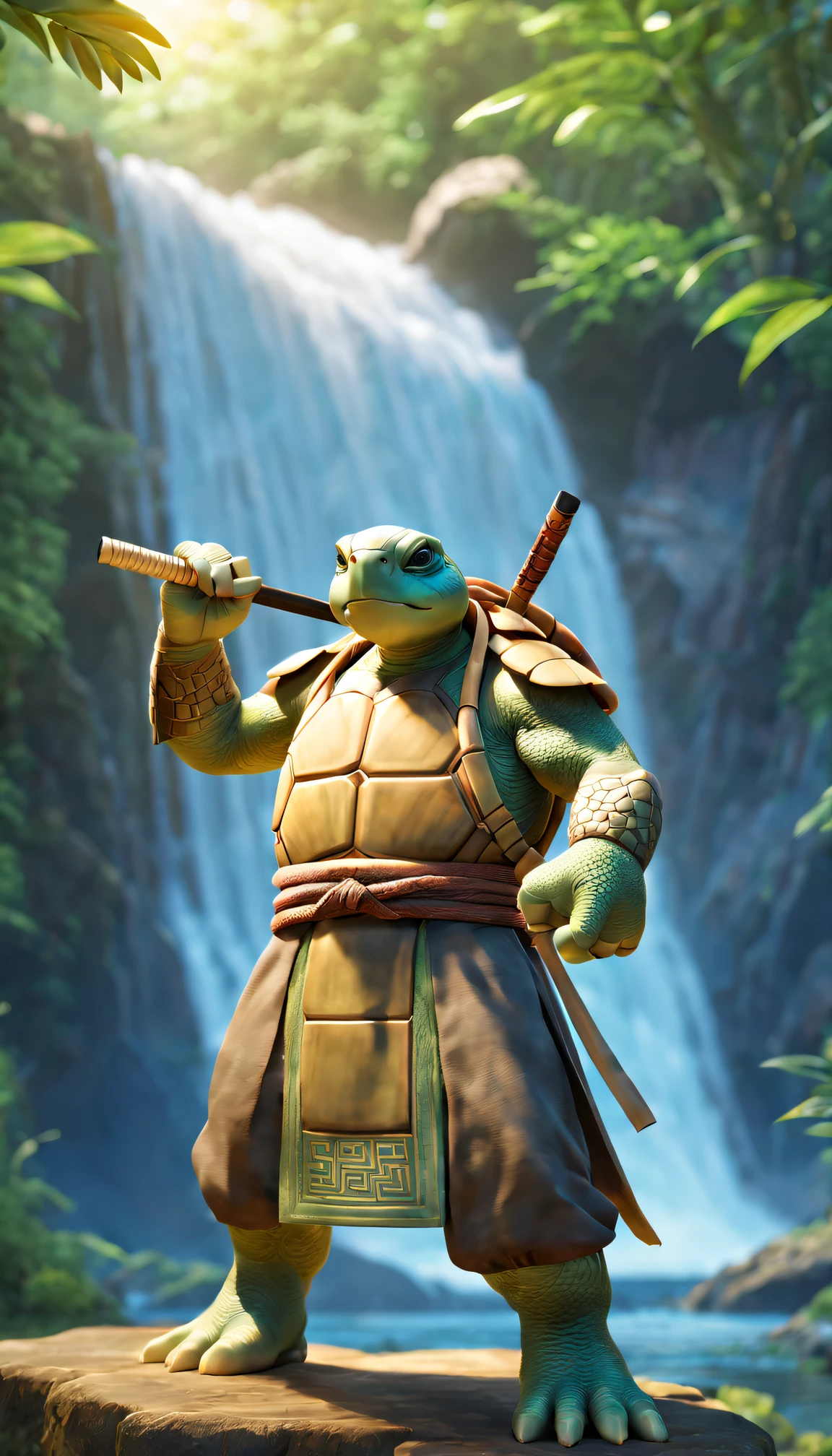 Anthropomorphism of the turtle，ninjartist，white mustache，with a calm expression，Under the waterfall，In the moonlight，scenery tree，bamboo forrest，Flowing rivers，(traditional martial arts uniform)，knifes，surrounded by nature，harmonious balance，peacefulatmosphere，Wise eyes、weathered hands、a serene smile、Powerful energy、hidden strength、Fabulous creatures、(iconic turtle shell)、Mysterious knowledge、Ancient wisdom、beyond the reach of time and space、Ethereal light、master of nature、Keeper of secrets、Eternal existence、immortal protector、eternal life。(best quality,4k,8k,highres,masterpiece:1.2),ultra-detailed,(realistic,photorealistic,photo-realistic:1.37), HDR, UHD, studio lighting, ultra-fine painting, sharp focus, physically-based rendering, extreme detail description, professional, vivid colors, bokeh artistic style: concept artists, traditional painting, fantasy artwork color palette: earth tones, vibrant greens, serene blues, warm browns, golden accents lighting: soft natural light, gentle shadows, warm golden hour glow