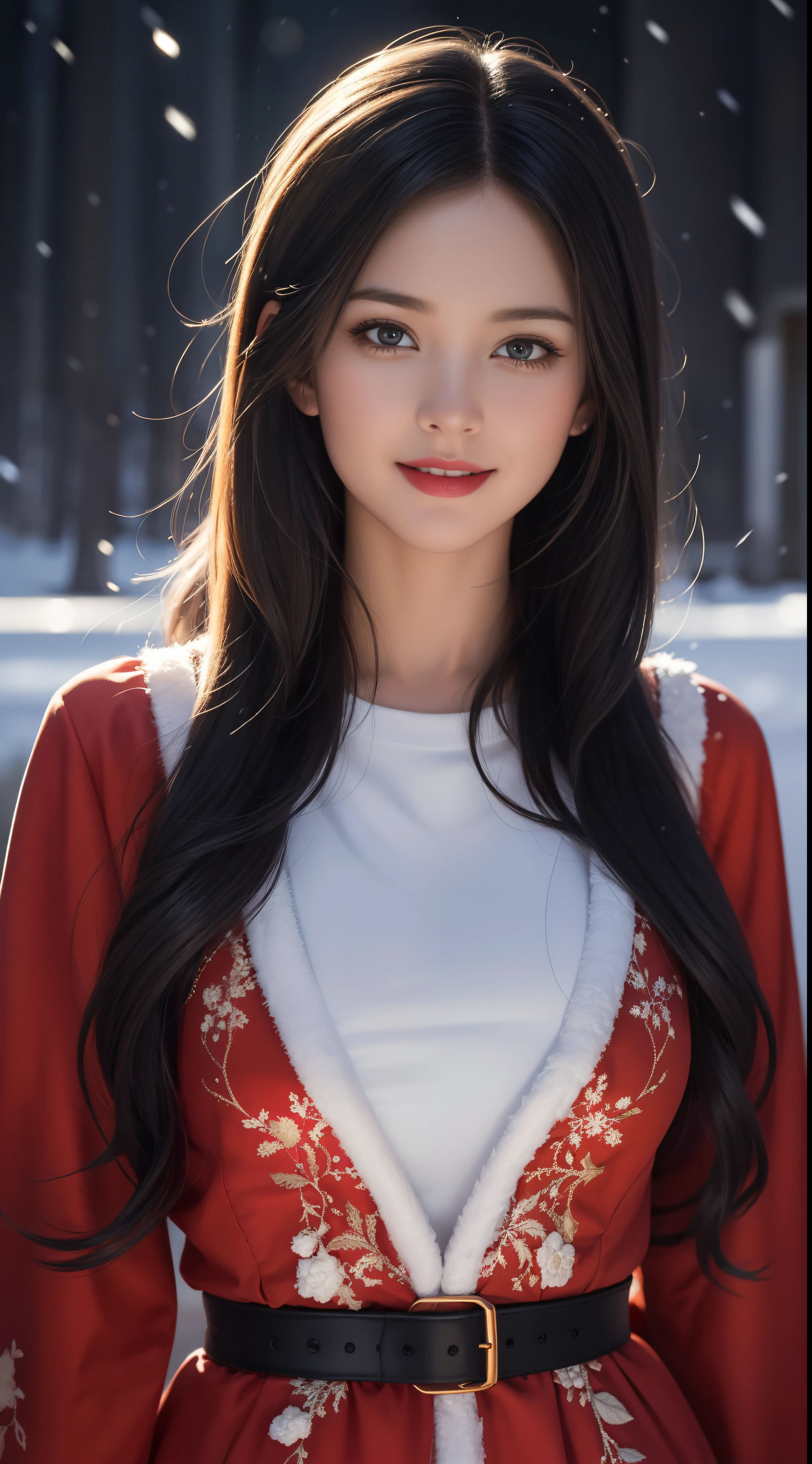 (Aesthetic, High Resolution: 1.2), full-body portrait of a beautiful 20-year-old woman wearing an intricately detailed red boby Santa Claus costume, symmetrical costume structure, bright clear eyes, happy smile, changing hairstyle, falling snow, snow in hair. Professional photographer, minimalism, conceptual art, intricate detail, 8k post-production, High Definition, Ultra Detail, trending on ArtStation, sharp focus, artistic dark studio photos, details Intricate details, Highly detailed, By Greg Rutkowski, professional light and dark art, Vibrant colors. Outdoor winter scene with snow in the evening, A slight smile, True art, many hairstyles and color changes, Passionate mood, Seductive expressions, Sexy lips, Wet lips, Eyes seductive aim, seductive appearance, seductive posture.