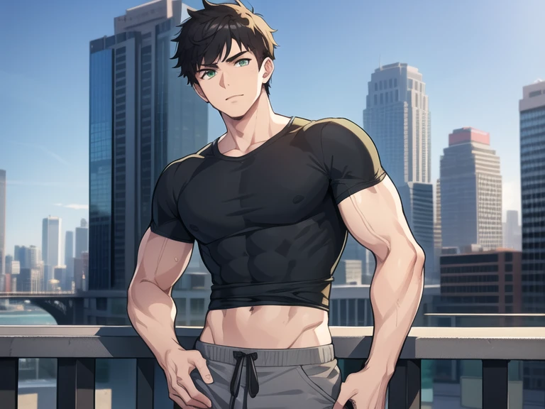 Best quality, 20 years old man, muscular, green eyes, black short hair, flushed face, pants, grey t-shirt, city background, sunny day