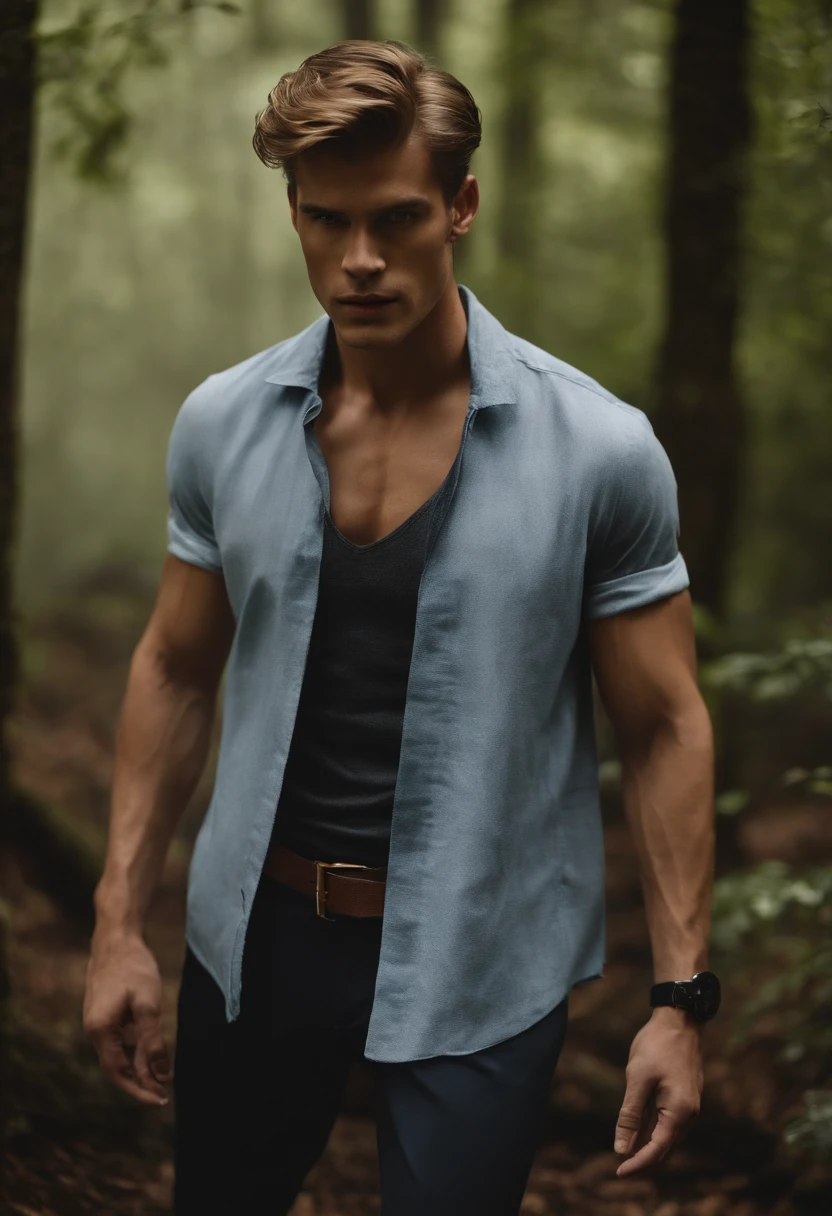 A photo of Nicholas Goldberg standing at the edge of a fog-covered forest, with a cryptic and ancient-looking tome in hand.,original,Nicholas looks like the actor and celebrity Tom Glynn-Carney.
Gender: Male
Physical Attributes:
Nicholas possesses a well-maintained physique, distinguished by a toned and slim build, which accentuates his graceful presence. His skin carries a light tan, imbuing him with a healthy, sun-kissed glow that hints at an active lifestyle. His eyes, a piercing shade of blue, draw attention with their depth and clarity.
Hair:
Nicholas sports short, neatly groomed dirty blonde hair, which not only complements his appearance but also underscores his commitment to a polished and sophisticated look.
Apparel:
Nicholas is characterized by a tasteful and understated sense of fashion. He favors a plain crewneck shirt, reflecting his appreciation for simplicity and practicality. These versatile shirts convey an air of effortlessness and serve as a canvas for his inner complexities.
Complementing his shirt, he chooses straight-leg jeans that strike a harmonious balance between comfort and style. These jeans underscore his practicality, ensuring he's well-prepared for the rigors of everyday life.
To shield against the elements, Nicholas dons a warm and elegant coat, reinforcing his dedication to a refined and polished image. The coat not only offers protection but also projects a hint of sophistication that aligns with his enigmatic persona.
Completing his ensemble, Nicholas opts for semi-formal shoes. These choices combine style and comfort, allowing him to navigate seamlessly between casual and more formal settings. This footwear underscores his adaptability, an attribute that resonates with his multifaceted personality.
In addition to his attire, it's important to note that Nicholas's fashion choices go beyond mere garments; they reflect his personality, which embodies a compelling blend of charm, intelligence, and darkness.