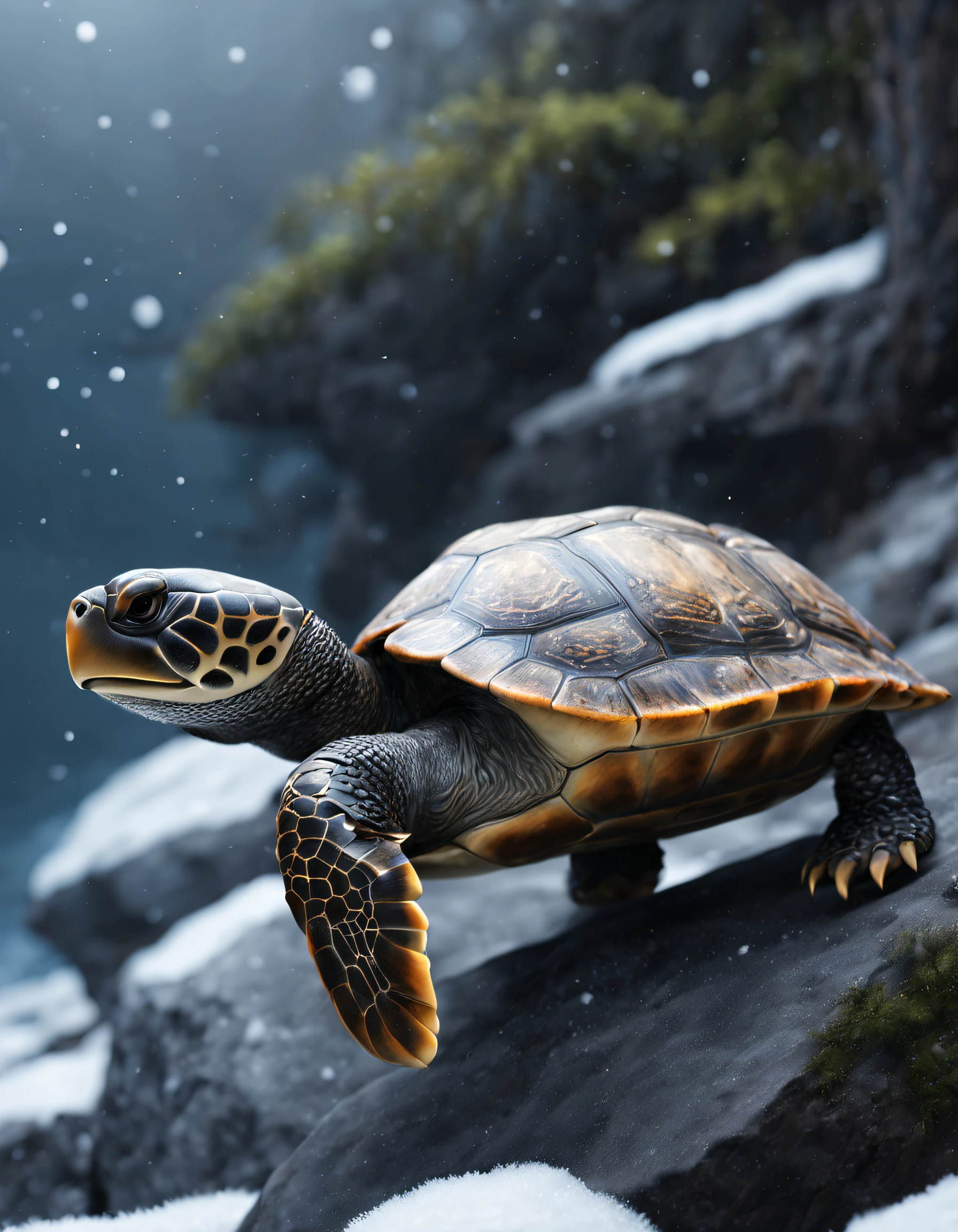 Turtle,sea rocks,in snowfall,Snowflakes on the fur, Focus sharp, iintricate, ZBrush, hight contrast, high dynamic light, The is very detailed, 3D, Ray traching, unreal-engine, octaneratingrendering