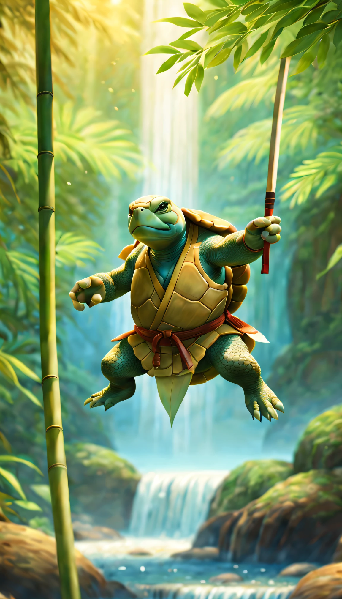Anthropomorphism of the turtle，samurais，with a calm expression，Under the waterfall，bamboo forrest，Flowing rivers，(traditional martial arts uniform)，knifes，surrounded by nature，harmonious balance，peacefulatmosphere，Wise eyes、weathered hands、Powerful energy、hidden strength、Fabulous creatures、(iconic turtle shell)。(best quality,4k,8k,highres,masterpiece:1.2),ultra-detailed,(realistic,photorealistic,photo-realistic:1.37), HDR, UHD, studio lighting, ultra-fine painting, sharp focus, physically-based rendering, extreme detail description, professional, vivid colors, bokeh artistic style: concept artists, traditional painting, fantasy artwork color palette: earth tones, vibrant greens, serene blues, warm browns, golden accents lighting: soft natural light, gentle shadows, warm golden hour glow