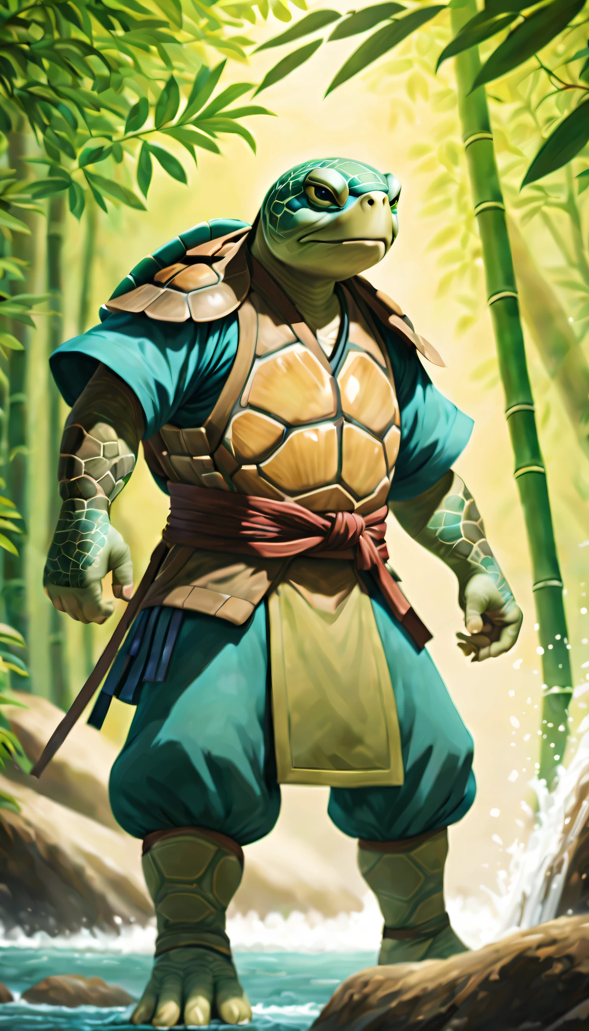 Anthropomorphism of the turtle,samurais,with a calm expression,Under the waterfall,bamboo forrest,Flowing rivers,(traditional martial arts uniform),knifes,surrounded by nature,harmonious balance,peacefulatmosphere,Wise eyes、weathered hands、Powerful energy、hidden strength、Fabulous creatures、(iconic turtle shell)。(best quality,4k,8k,highres,masterpiece:1.2),ultra-detailed,(realistic,photorealistic,photo-realistic:1.37), HDR, UHD, studio lighting, ultra-fine painting, sharp focus, physically-based rendering, extreme detail description, professional, vivid colors, bokeh artistic style: concept artists, traditional painting, fantasy artwork color palette: earth tones, vibrant greens, serene blues, warm browns, golden accents lighting: soft natural light, gentle shadows, warm golden hour glow