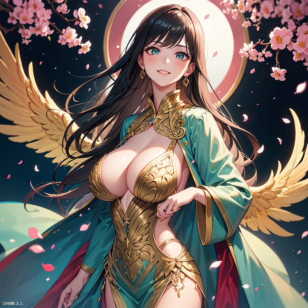1girl in, masutepiece, Best Quality, Photorealistic, (angelicales), (Transparent golden wings spread across your back), Academic Gowns, Detailed teal dress academic robe, cherryblossom, Smiling, Detailed uniforms, look at viewr, (Sigma 85mm f1.4), depth of fields, Bokeh, Detailed photorealistic backgrounds, diffused natural sunlight, diffused natural skin glow, Face Focus, Extremely detailed, (Abstract background, Zentangle, Fractal Art:1.3), (Many colors, Colorful:1.1), (Feathers, flower petals, Flowers:1.3), ((Huge breasts!!!!!!)),(Beautiful face)、(Beautiful, Glamorous and cute beauties 1.3), Delicate and beautiful hair, Delicate and beautiful eyes and face, glossy jet black hair, Glossy skin, Fair skin: 1.2,