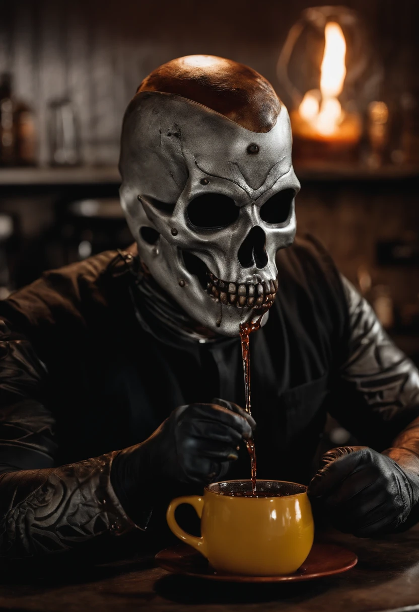 A photo of Slipknot's masked lead vocalist, Corey Taylor, brewing a chaotic concoction of coffee in a skull-shaped mug.,original,slipknot