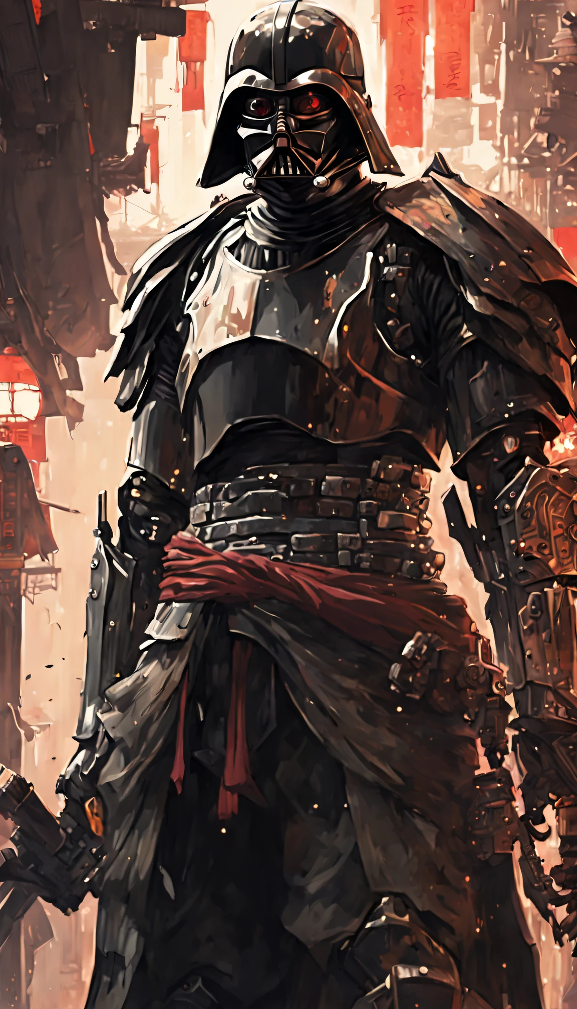 (8k ultra high definition, tmasterpiece, Best quality at best, high qulity, absurd res, ultra - detailed, detailedbackground), (full bodyesbian:1.4), (Japanese Darth Vader Samurai,holding enormous sword, Walking past a group of Japanese stormtrooper samurai), (The beautiful, Aesthetic, perfect pubic, Exquisite, iintricate:1.2), (Color scheme: Black), (Great Sword Size and Shape: Taisho, Huge and double-edged), (Armor type: Ghost helmet, 黑The eye, bone and leather), (enviroment: old japanese street, external, cyber punk perssonage, cyber punk perssonage, ), opinion: Slightly lower angle to emphasize the warrior's strength, lamplight: dramatics, Use a spotlight to illuminate the warrior's face and sword, (depth of fields: shallow, Warrior's focus clear,Fiery background slightly blurred), Robot style, cinematic Film still from, Cyborg, In steampunk style,