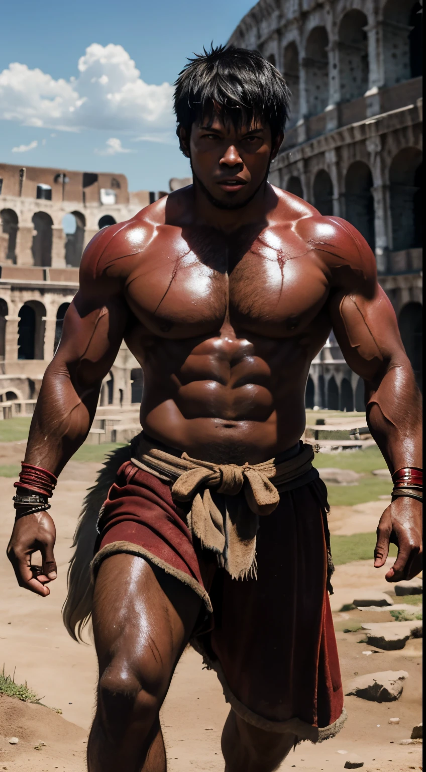 10 year old werewolf boy，red colored skin，The muscles are plump and shiny，Strong body，Scarred，Shirtless，The barefoot，Fighting wolves in the Colosseum