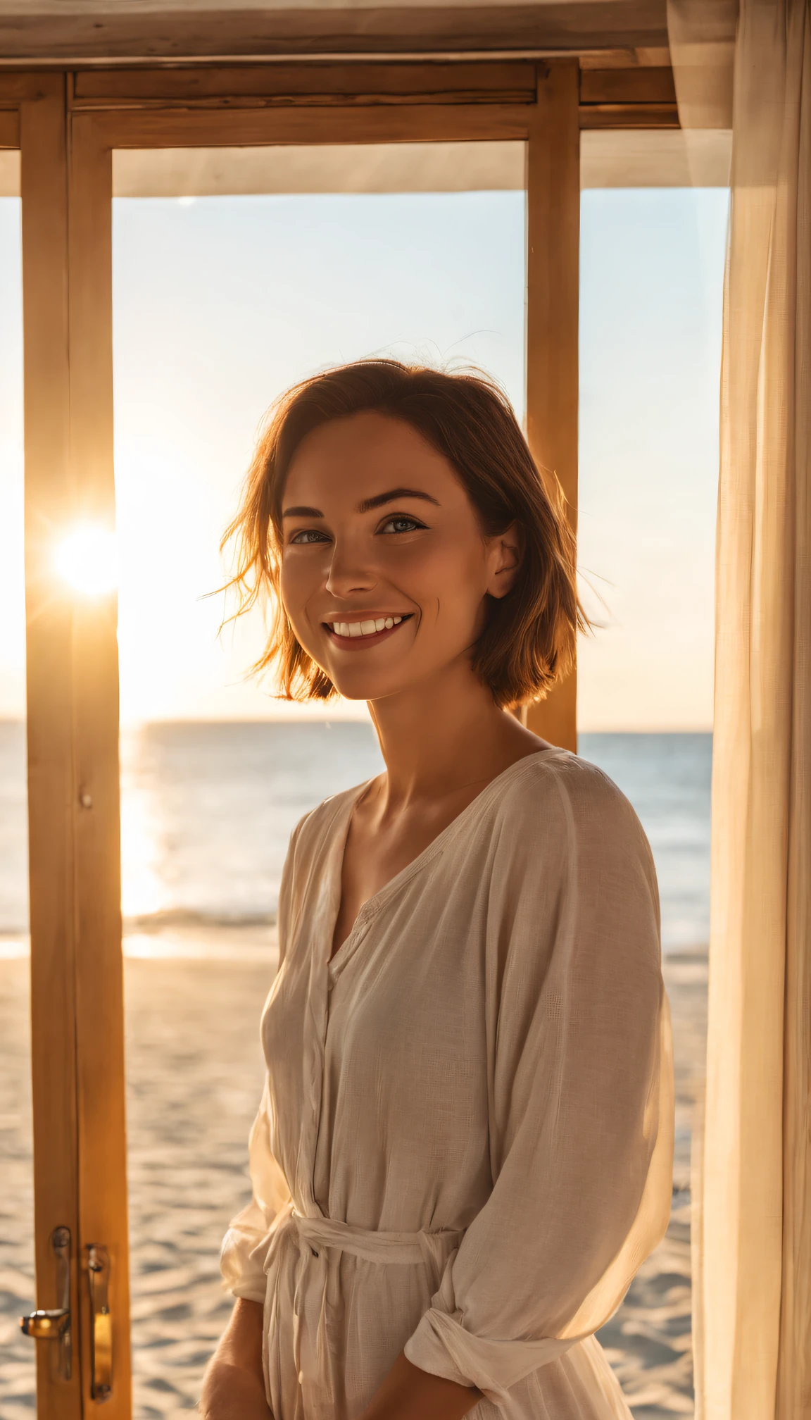 full bodyesbian, looking at viewert, with short brown hair, woman, ssmile , beach at dawn, suns, The light from the back window is backlighted