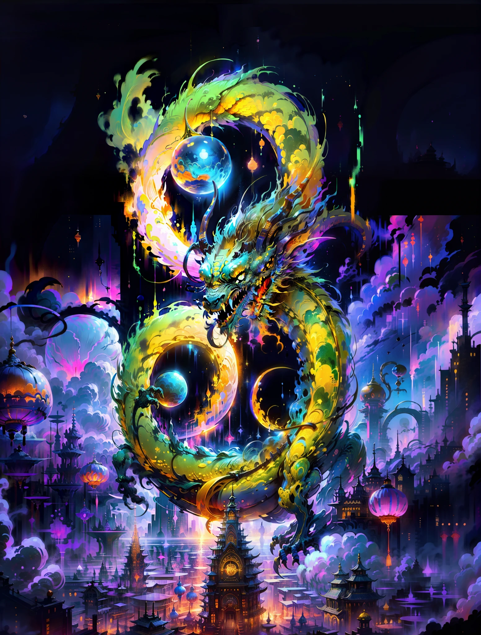 ​masterpiece, 超A high resolution, No humans, Intricate details, ff14style, painting of future cities on the moon, universes, Stars, intergalactic, Planets, ((Chinese towns,)) Bright colors, (Length: 1), Yellow eyes, Clouds, scales, Oriental dragon, Opened mouth, sharpteeth, Flying, Horns, 牙, toenails, tusk, in a fantastical otherworldly visual style,