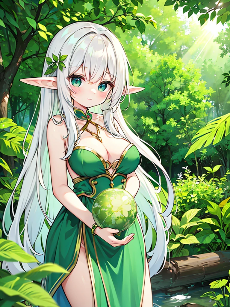 "Elf with a captivating gaze, ethereal beauty, flowing golden hair, , Surrounded by a mysterious forest, Soft sunlight blocking the lush greenery."Leprechaun、Sorcerer、White hair、barechested、voluptuous breasts