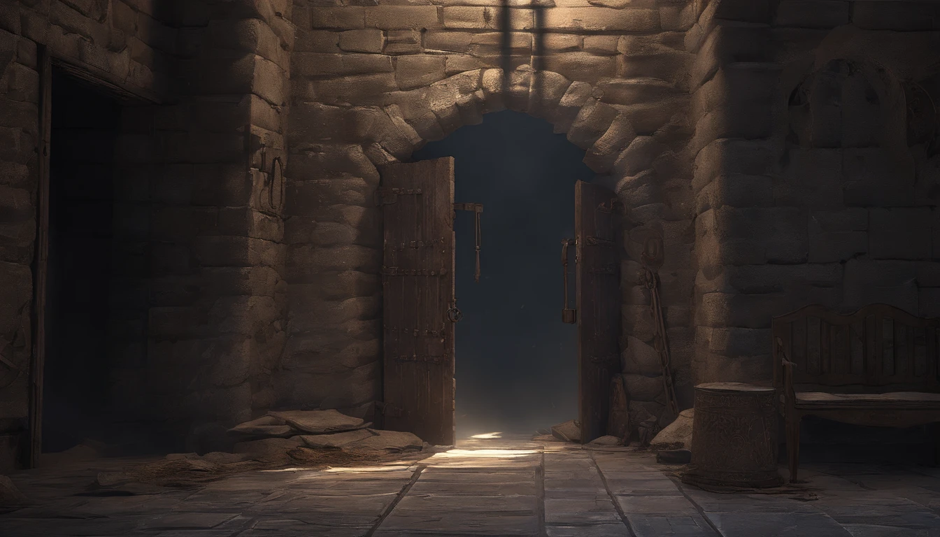(best quality,4k,8k,highres,masterpiece:1.2),ultra-detailed,(realistic,photorealistic,photo-realistic:1.37),medieval dungeon cell,cold and empty stone,shackles on the floor,dark and eerie atmosphere,gloomy lighting,ominous shadows,creepy echoes,dampness,distant sound of rats scurrying,thick cobwebs,iron bars,crumbling walls,heavy wooden door,rusty keyhole,worn-out straw mattress,bare brick floor,limited rays of light penetrating through a small high window,barred window,glimpse of moonlight,mysterious aura,forbidding ambiance