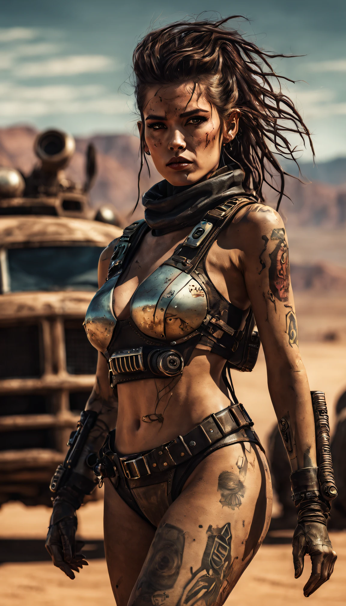 Beautiful female wastelander in the desert, Cyberpunk Art by Tim Doyle, Hot topics on artstation, retro-futurism, apocalypse art, Digital illustration, apocalypse landscape, ((Ultimate skin detail)), HighDynamicRange, ((Surreal)), ((photore)), bokeh, depth of fields, 8k ultra high definition, SLR camera, gentlesoftlighting, high qulity, 富士XT3
