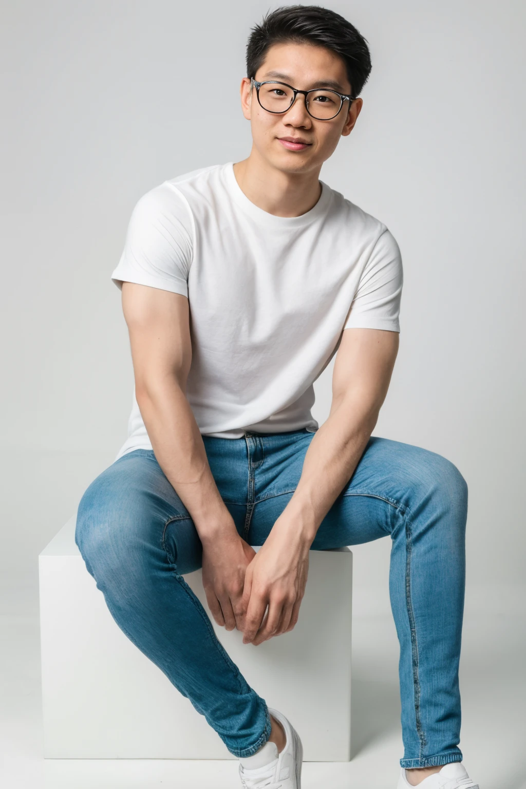 Andrew thomas huang, oval face, eyeglasses, neat muscular, tshirt, jeans, sitting, model photo shot, white background, full body