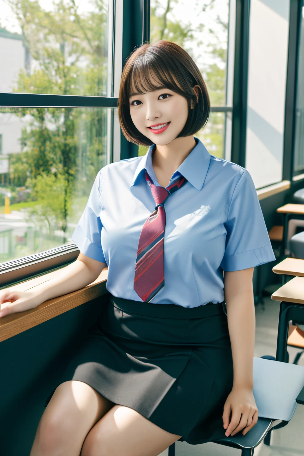 tmasterpiece,(actual), High detail CG unified 8K wallpaper, (Head office skin:1.2),8k ultra high definition, SLR camera, high high quality, ((1 plump girl, 25 age old, a skirt, ssmile, Sit near the classroom window, Medium and short hair, indoor)), 黑The eye, beautidful eyes, (dermis), Beautiful skins, Attractive, 超高分辨率, Surreal,k hd