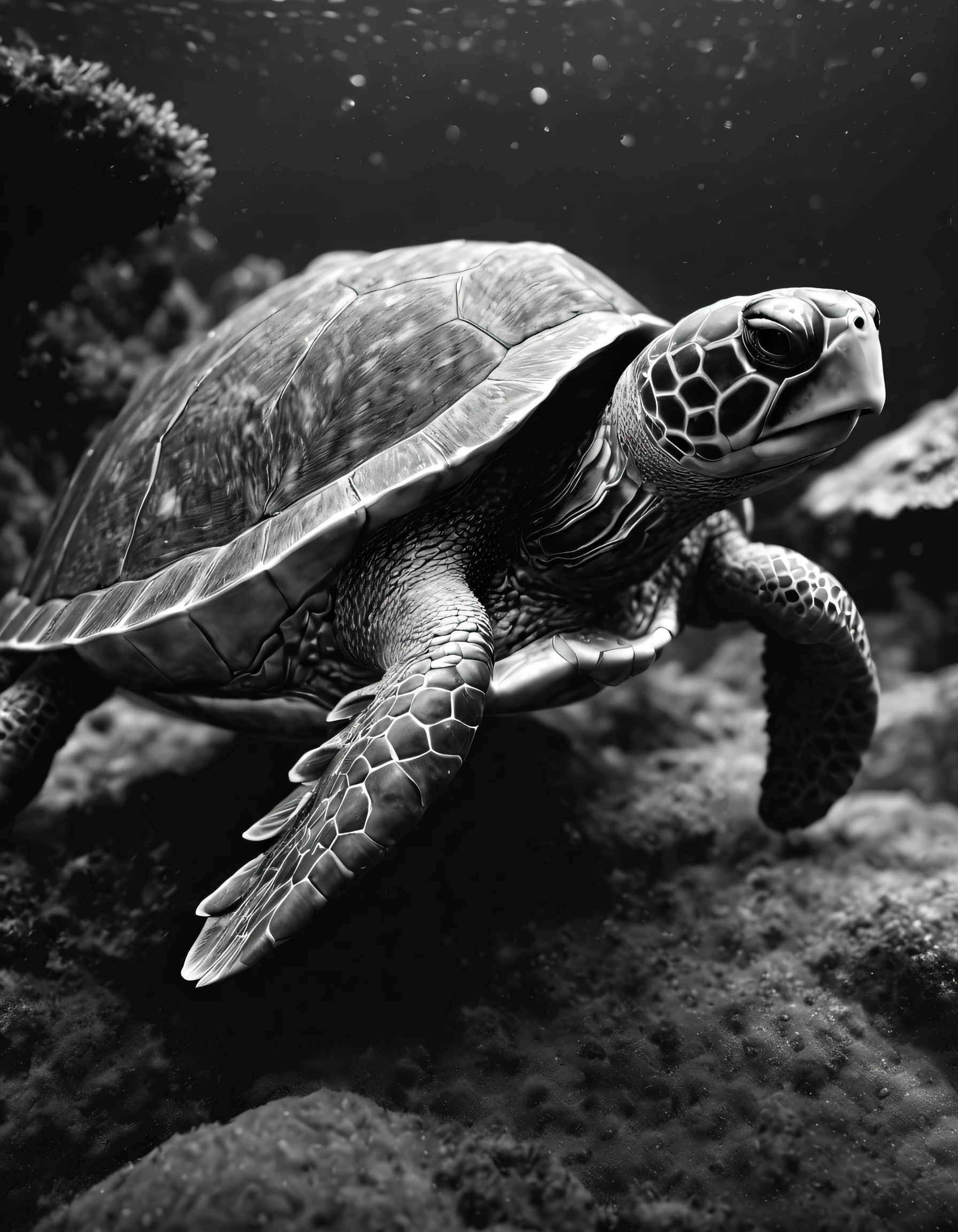 (Black and White Ultra HD Photography),(black and white photography),turtle,reef,rained,rain on fur, Focus sharp, iintricate, ZBrush, hight contrast, high dynamic light, The content is very detailed, 3D, Ray traching, unreal-engine, Octagon rendering
