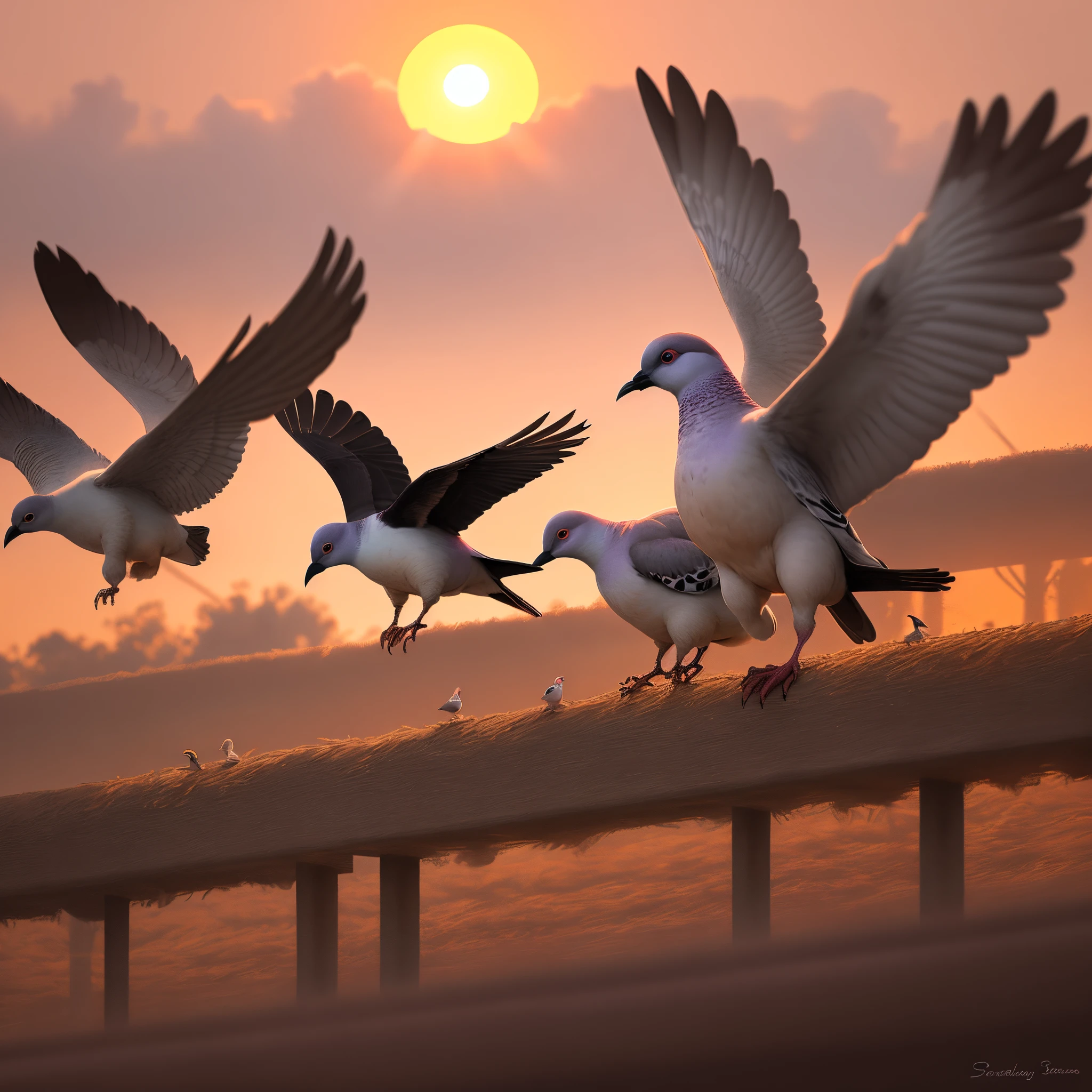 the setting sun，pigeons