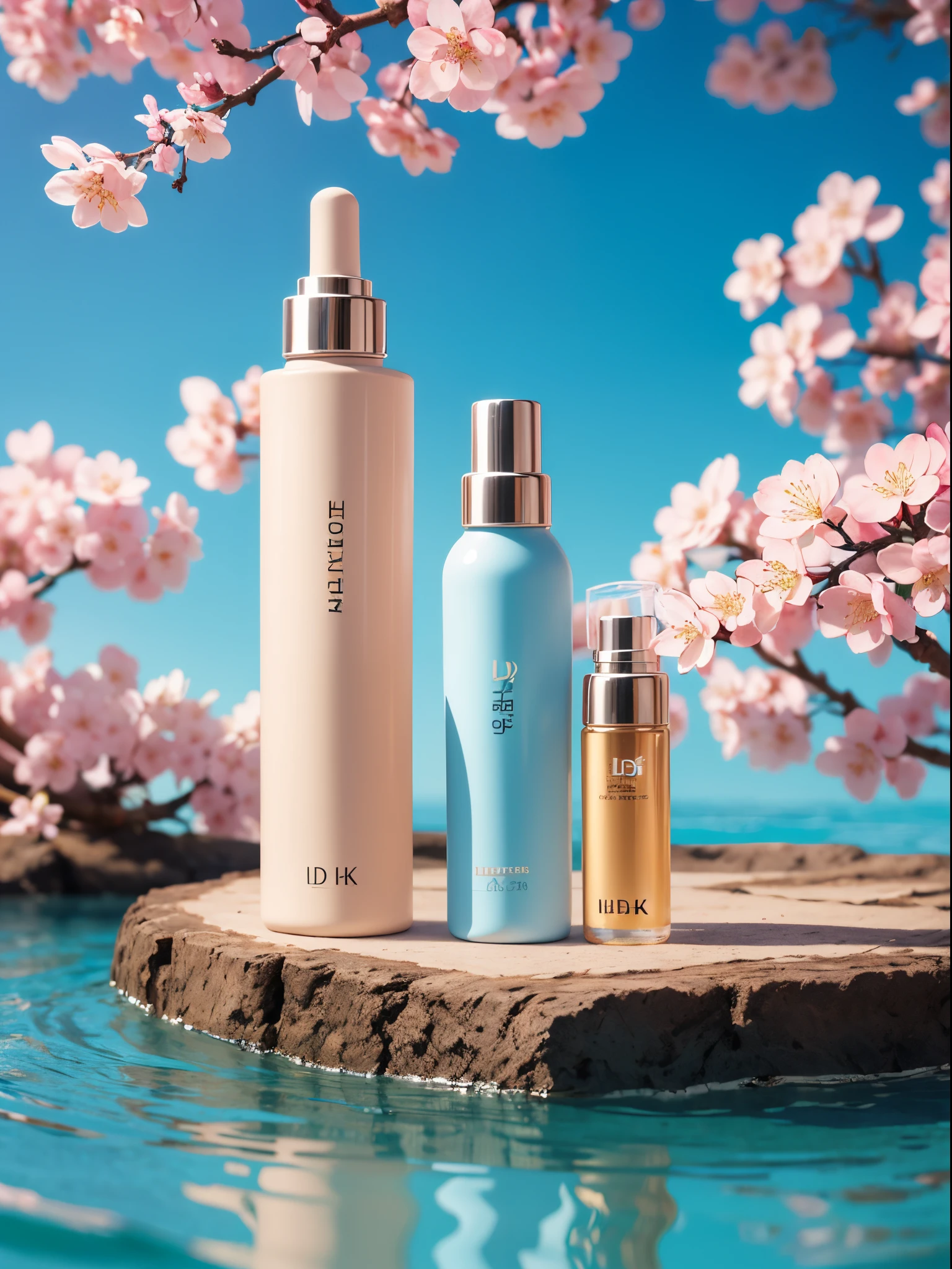 (super realistic scene, makeup bottle, cherry blossom background, blue sky background, water, sunlight, low perspective, blender, product rendering, HD 8K, vivid colors, ultra-detailed)