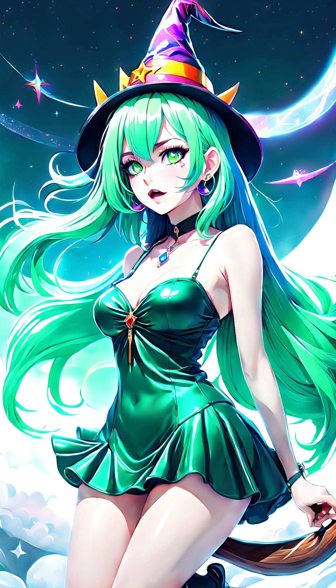 (tmasterpiece:0.7), Best quality at best, illustratio, 1个Giant Breast Girl, White hair, short skirt, The shirt, footwear, broken heart necklace, hair pin, Black Hole in the background, As estrelas, the space, Lie down, Best quality at best, A high resolution, The is very detailed, detailedbackground, perfect litthing, (Colorful, vibrant with colors:1.4), 1个Giant Breast Girl, rainbow hair, cotton candy cloud, Skysky, ssmile, dynamicposes, beautiful postures, (Alone), (Floating colored ink:1.0), (Many colorful tattoos:1.0), (Floating pink blade:1.0), (swirling magic:1.0), (easygoing, pastels:1.2), (Multicolored:1.0), (Beautiful and detailed light:1.0), (Mucus body:1.2), (The expression is grim:1.0), (with her mouth open:1.0), (eye shadows), (Green hair:1.4), (short detailed hair:1.0), (from back:1.3), (Demon aura:1.3), (tilt of the head:1.0), (dynamicposes:1.1), (Asymmetrical hair:1.2), (blue collared shirt:0.7), (army), (Fluffy dresses), (Blue pupil:1.4), slanted bangs, hair straight, rainbow hair, Sweaters, (float:1.0), (fox ear, girl fox:1.1), (Winters:1.4), (Indoors, inside a room:1.1), (((tiara crown, Witch hat))), (standing on one leg:1.1), (Glossy glossy skin:1.1), (The upper part of the body:1.25), Latex clothes, Goddess figure, seminude