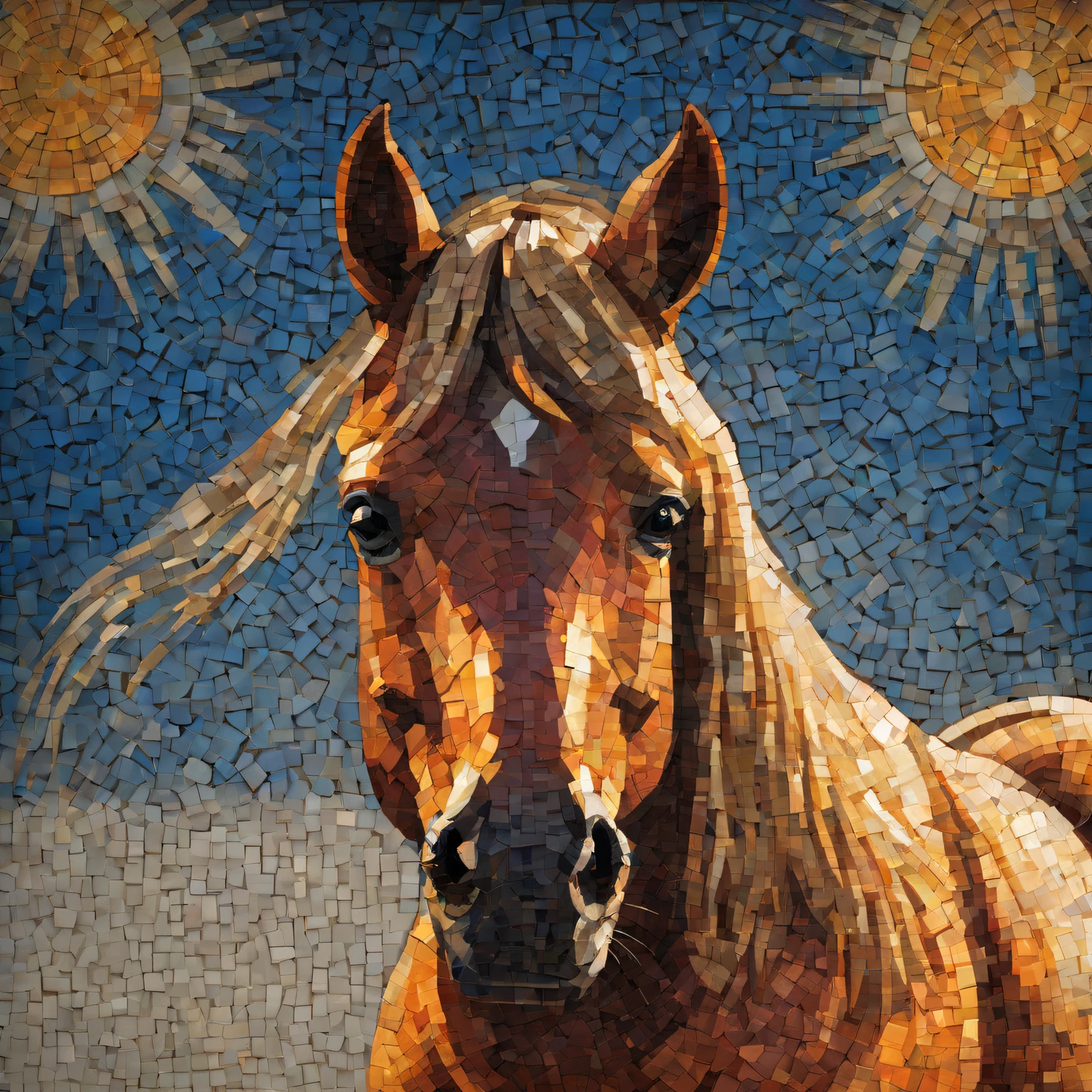 portrait of a horse ,radiant mosaic:1.2, Catch the sun:0.8, Inject warmth and energy into a space like shards of glass:0.4 Flash and dance.