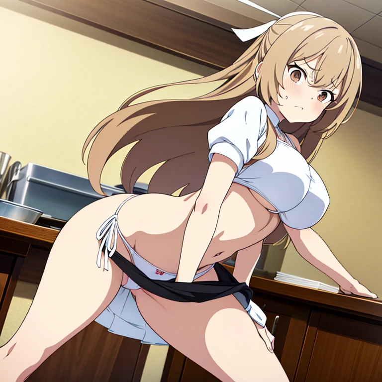 (Masterpiece), (best quality), looking away from viewer, (bottom view), anime, 1 female (long, lightbrown hair, untied, wearing a white sling bikini, with a white ribbon in hair) shiny skin, large breasts, large butt, vaginal pentrarion, bent over counter, home setting, anime girl, seductive anime girl, embarassed, shy, angry look, nsfw, vaginal sex, standing doggystyle, upskirt view, assisted exposure, lifted skirt, black skirt, butt focused, large thighs,cartoon style, sexy anime girl