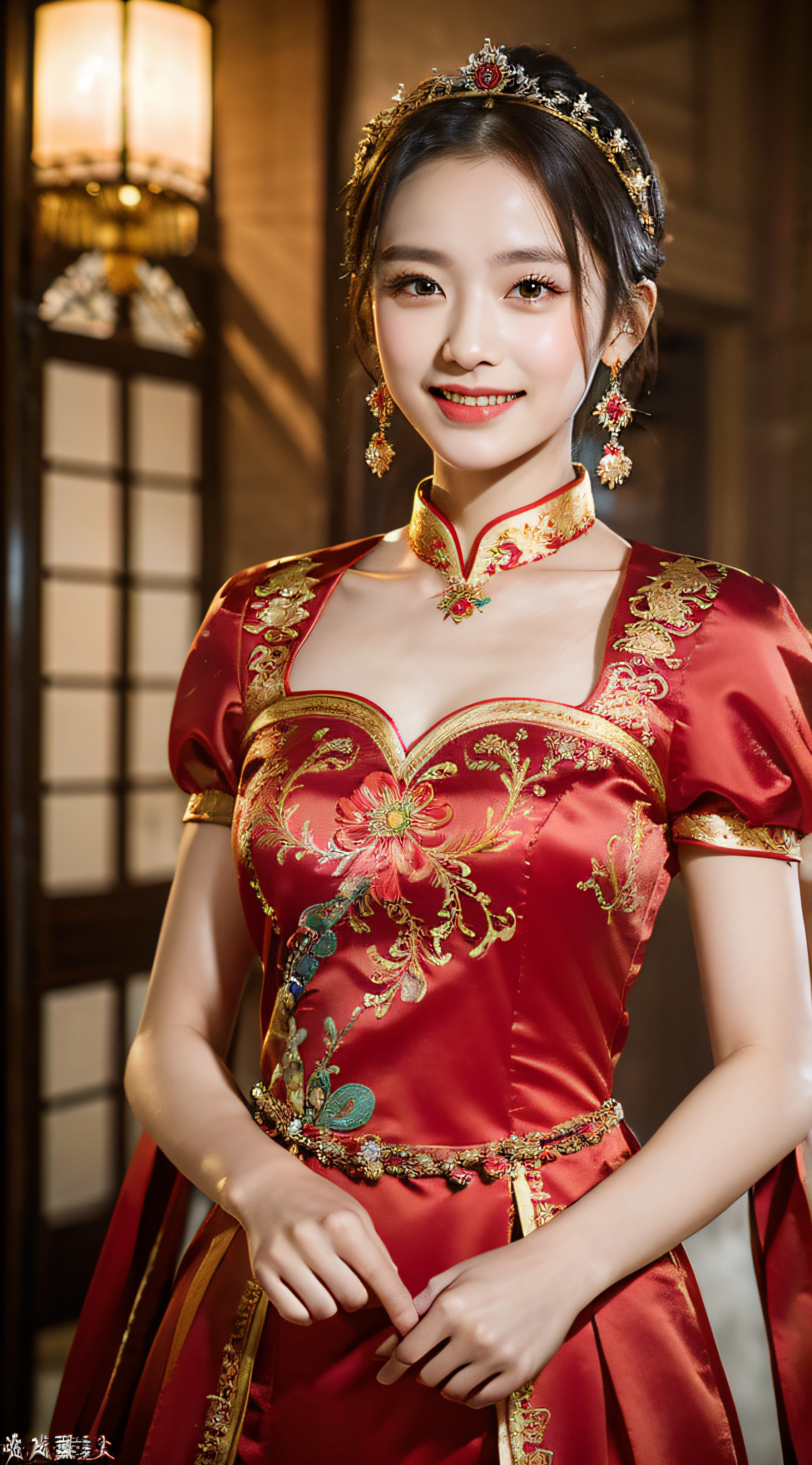 (8k, RAW Photo, Best Quality, Masterpiece: 1.2), (Realistic, Realistic: 1.37), 1 Girl, Woman in Red Dress and Headdress Posing for Photo, Gorgeous Role Play, Beautiful Costume, Chinese Dress, Complex Dress, Complex Costume, Traditional Beauty, Gorgeous Chinese Model, Chinese Costume, Wearing Gorgeous Costume, Wearing Elegant Chinese Xiuhe Dress, Chinese Wedding Dress, Phoenix Crown Xia Hanging, Antique Bride, Xiuhe Costume, Close Up, Wearing Phoenix Crown, Smile, No Watermark, Dragon and phoenix embroidered dress
