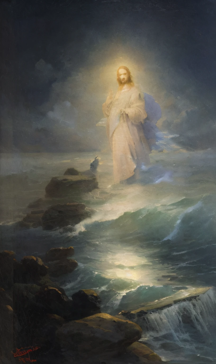A painting of a woman standing on an ocean rock, Jesus walked on water, author:Julius Klinger, author:Rudolf von Ert, author:William Trubner, author:Edward von Grutzner, author:ivan aivazovsky, author:Jules Sherrett, Jesus, author:Joseph von Ferich, author:Philippe de Laszló