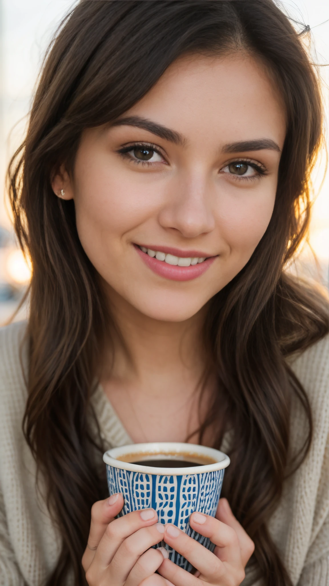 Beautiful brunette in a beige sweater (holding a cup of coffee in a modern cafe at sunset), Very detailed, 21 old years, Innocent Face, natural wavy hair, blue eyes, High Resolution, Masterpiece, Best Quality, intricate details, Highly detailed, sharp-focus, detailed skin, realistic skin texture, texture, A detailed eye, Professional, 4k, Adorable smile, Shot in Canon,  85mm, Shallow depth of field, Kodak Vision Color, a perfect fit body, Extremely detailed, a  photo of a_\(ultra\), Photorealistic, Realistic, postprocessed, max detail, roughness, Real life, ultra realistis, photo realism, photografic, 8K UHD, photografic