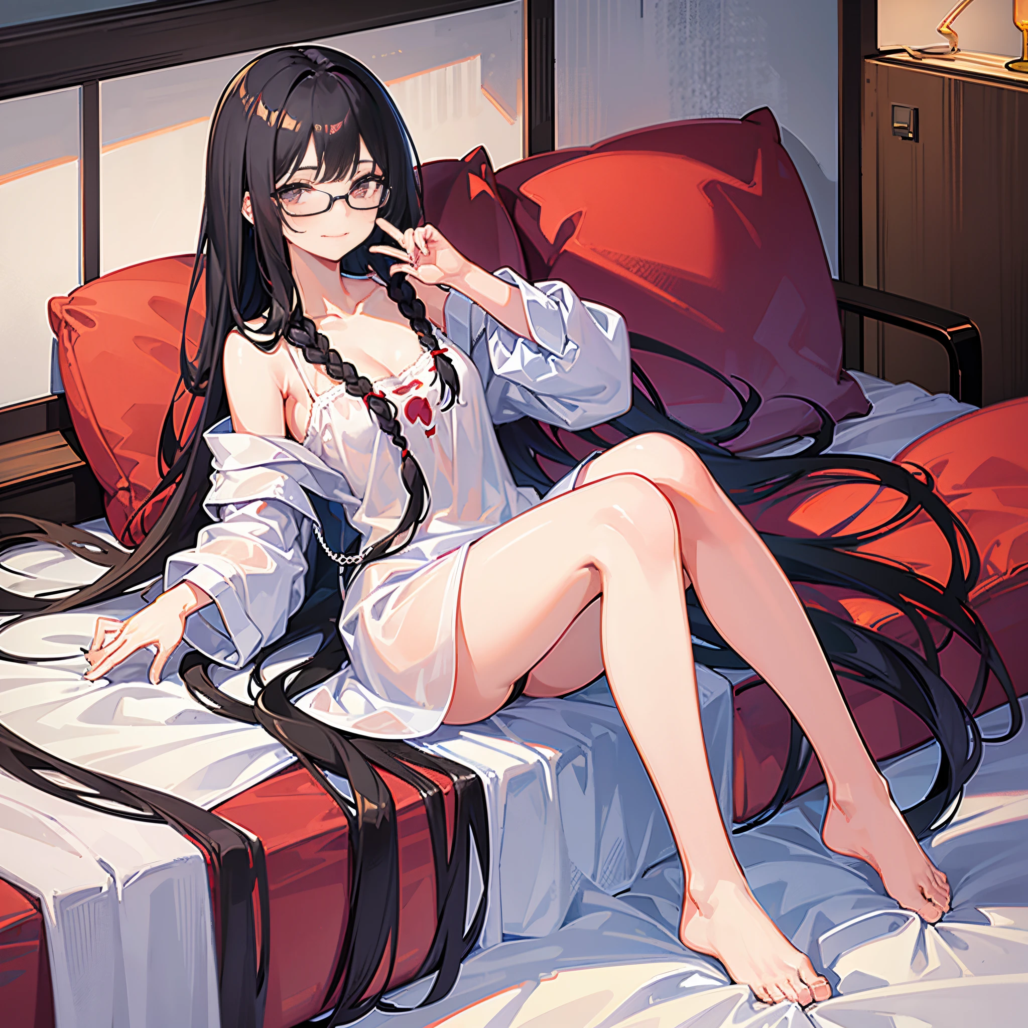 Black-haired girl, , Bloody conjunctivitis, long-haired,Braid left and right, Wear glasses, Wear white pajamas... sitting on the bed, ...., Show off your legs..................With a slightly smiling face..........Two fingers up...