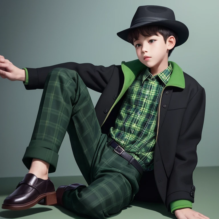 A boy wearing a black plaid shirt, with a green jacket, with a black hat, black trousers, green trouser straps, green shoes,