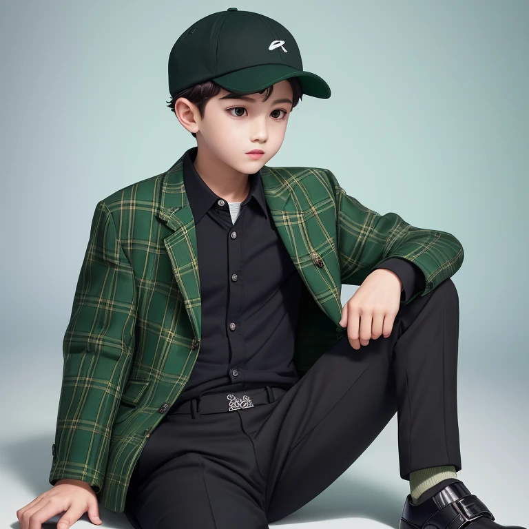 A boy wearing a black plaid shirt, with a green jacket, with a black hat, black trousers, green trouser straps, green shoes,