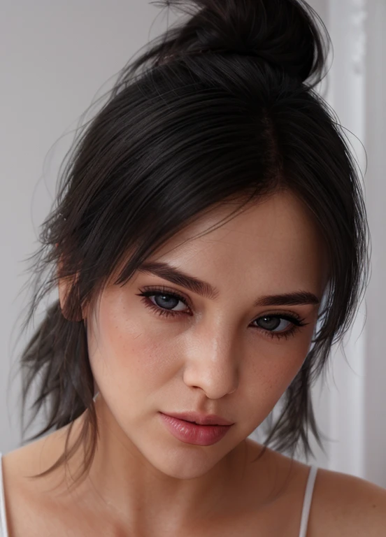 closeup portraits of woman, soft and dreamy portraits, beautiful, realism, mc-caroline, ponytail hair, black hair, glamour boutique, looking at viewer,